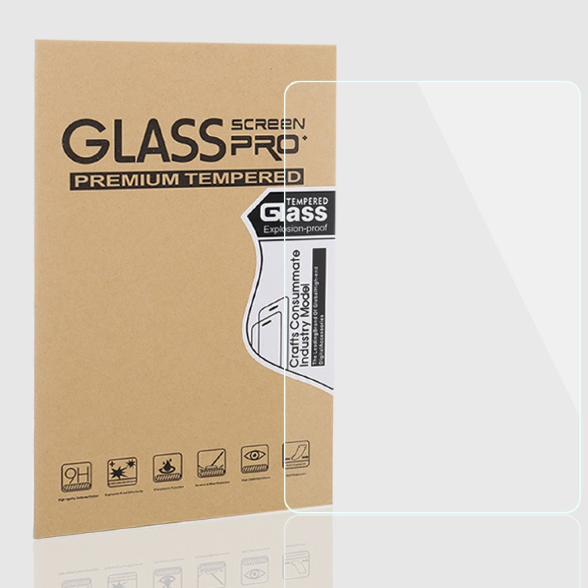 Una protezione schermo per un tablet poggia su una scatola. Sulla scatola è stampato 'GLASS PRO' e 'TEMPERED GLASS'.