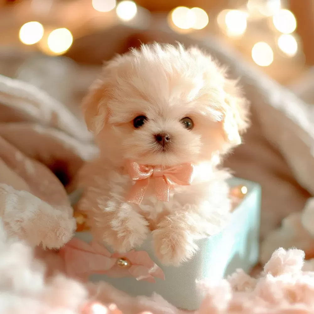 Ein kleiner, flauschiger, cremefarbener Welpe mit rosa Schleife sitzt in einer blauen Geschenkbox.