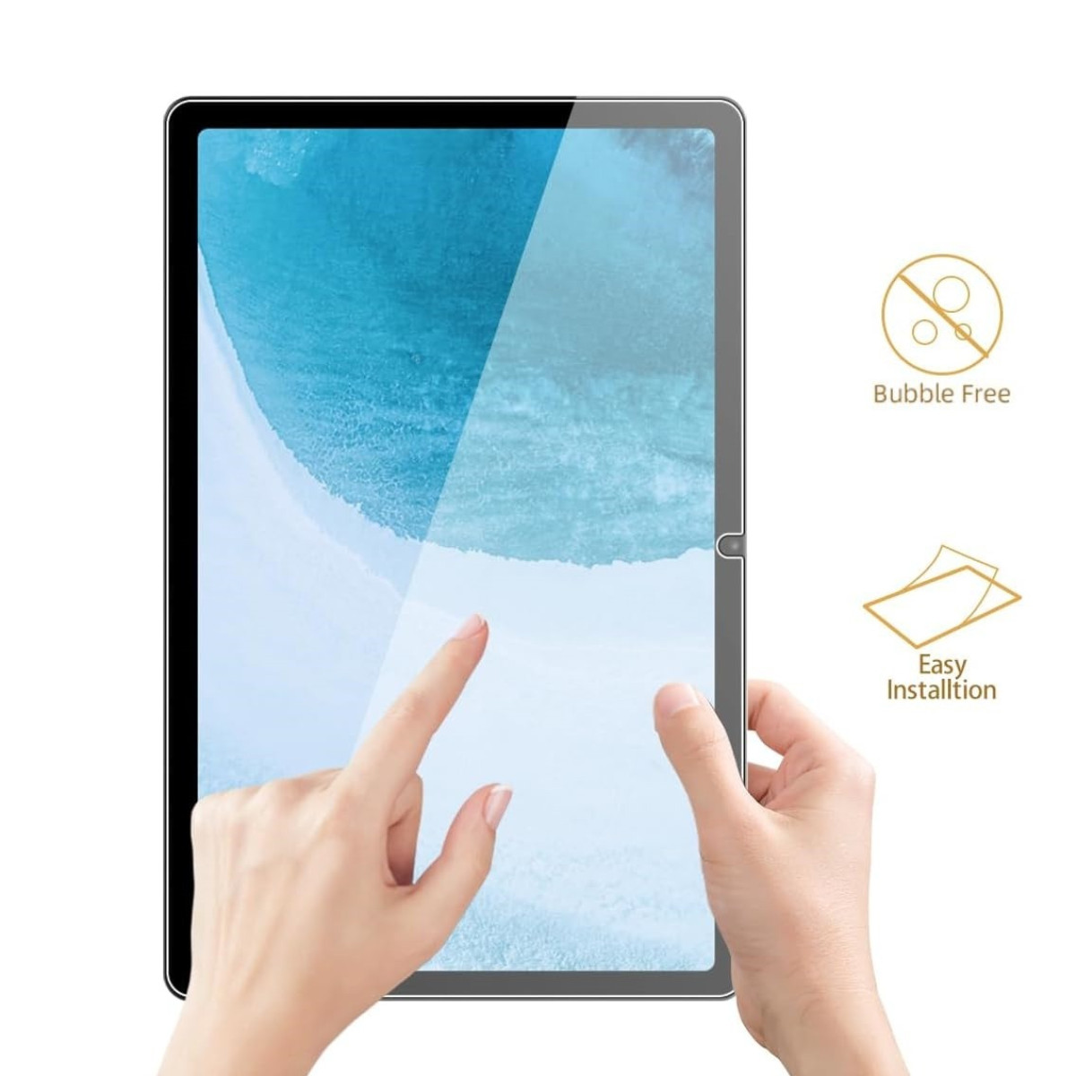 Mani che tengono un tablet. Icone per assenza di bolle e facile installazione a destra.