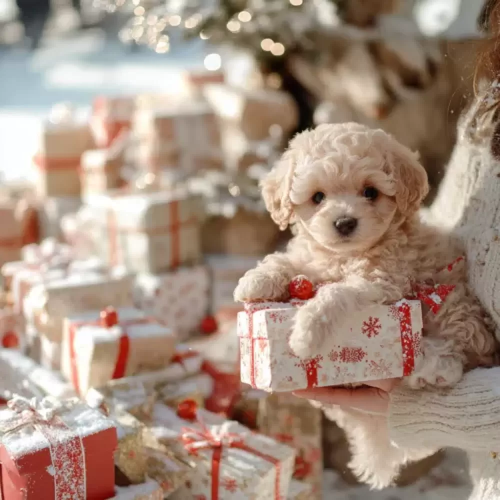Ein kleiner Hund wird gehalten, mit einer Geschenkbox. Geschenke und Lichter im Hintergrund.