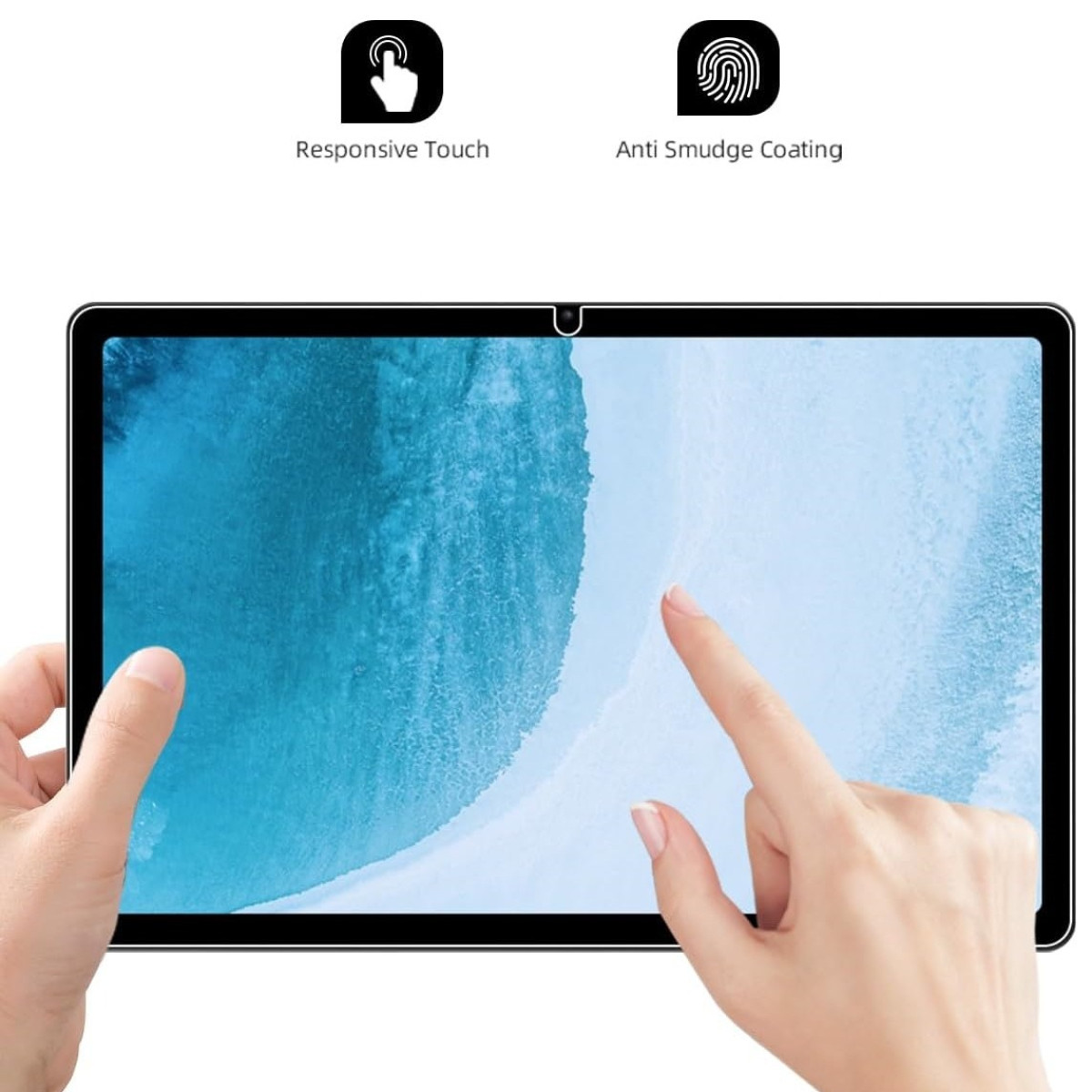 Mani che toccano lo schermo di un tablet. Lo schermo mostra un design blu. Sono mostrate icone per il tocco e anti-macchia.