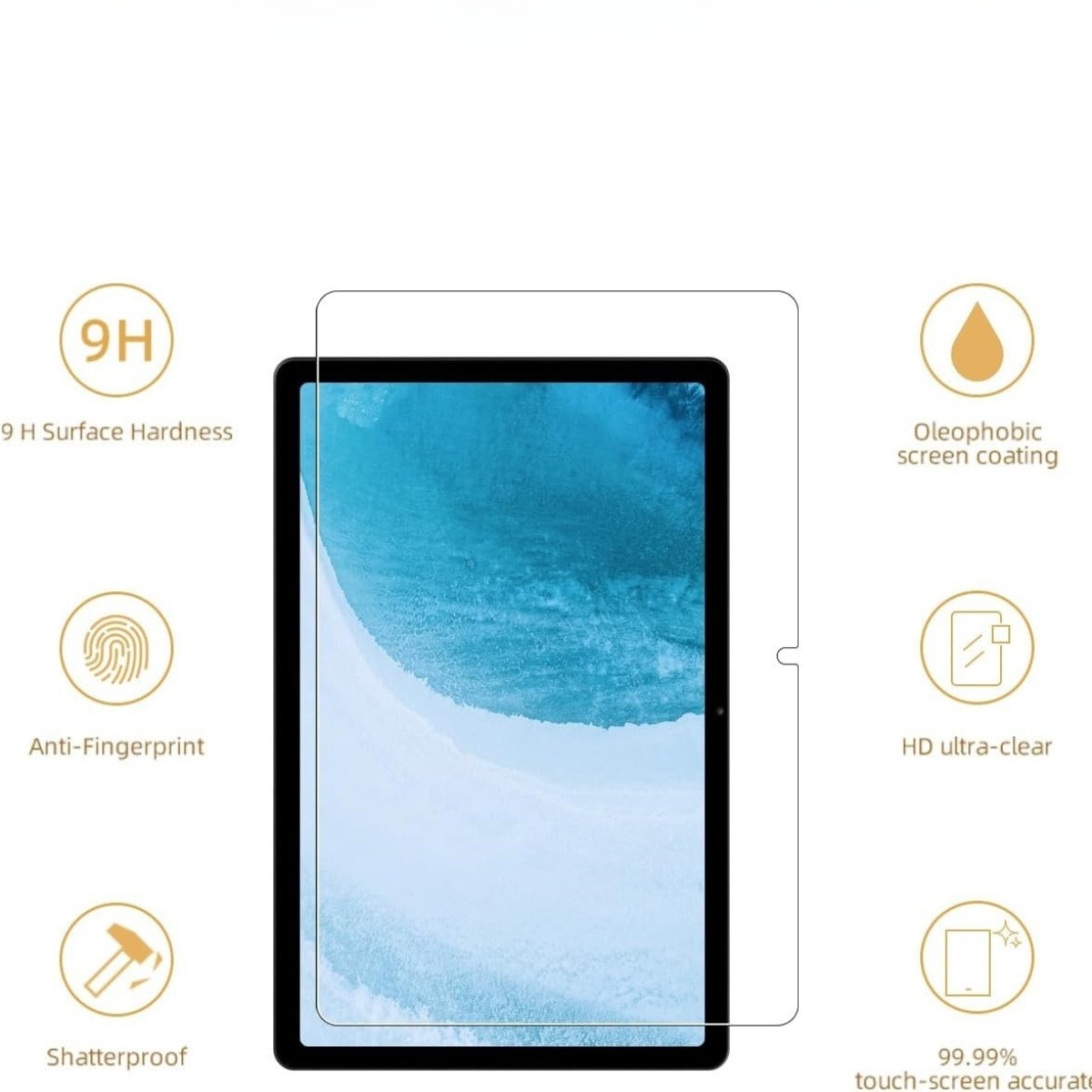 Un tablet con una protezione schermo applicata. La protezione schermo ha icone con funzionalità elencate.