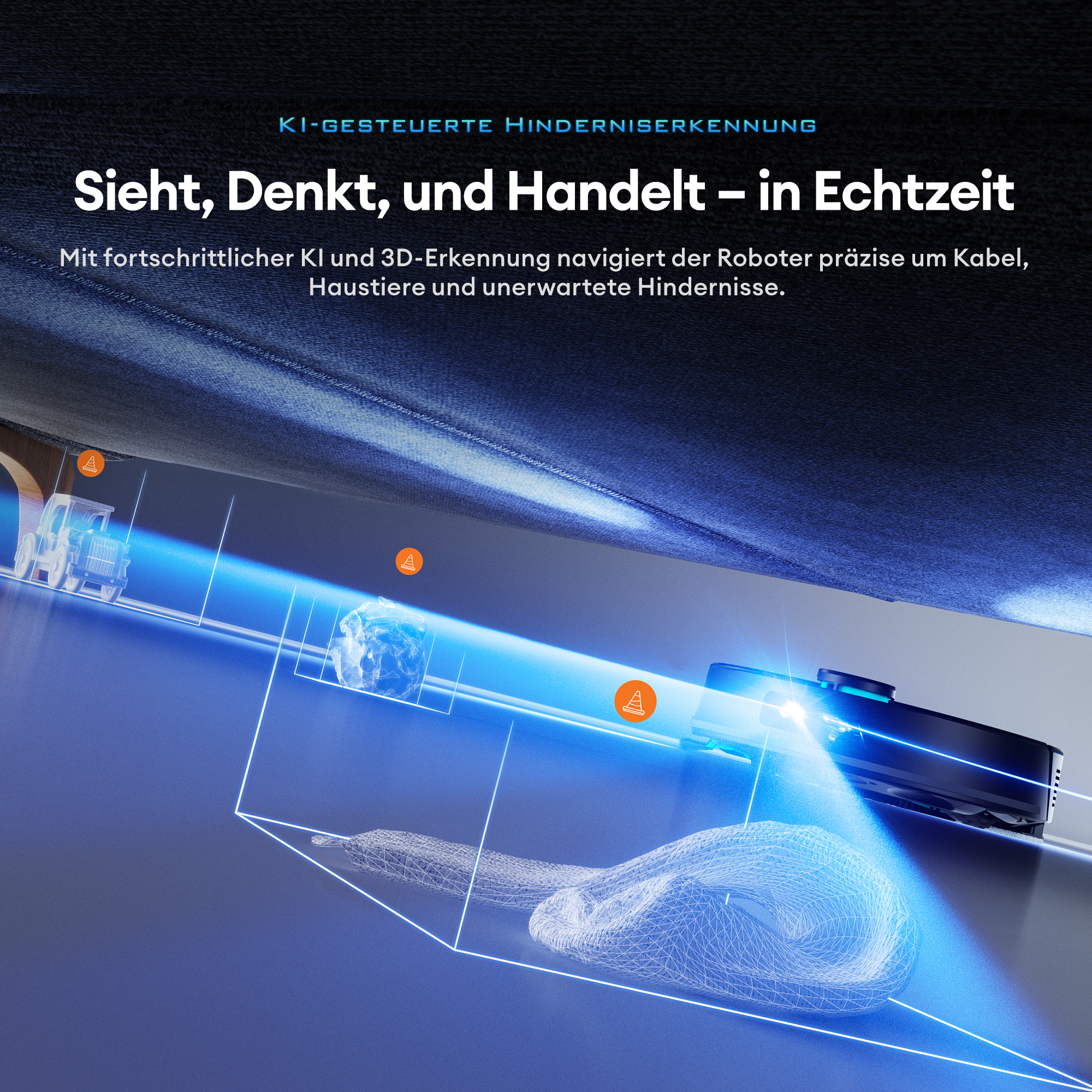 Diagramm eines Roboterstaubsaugers, der durch einen Raum navigiert, mit deutschem Text.