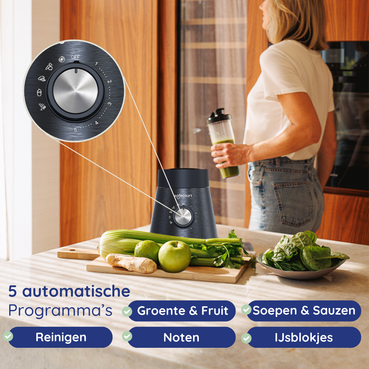 A blender with ingredients and a woman holding a drink. Text says '5 automatic programs'.