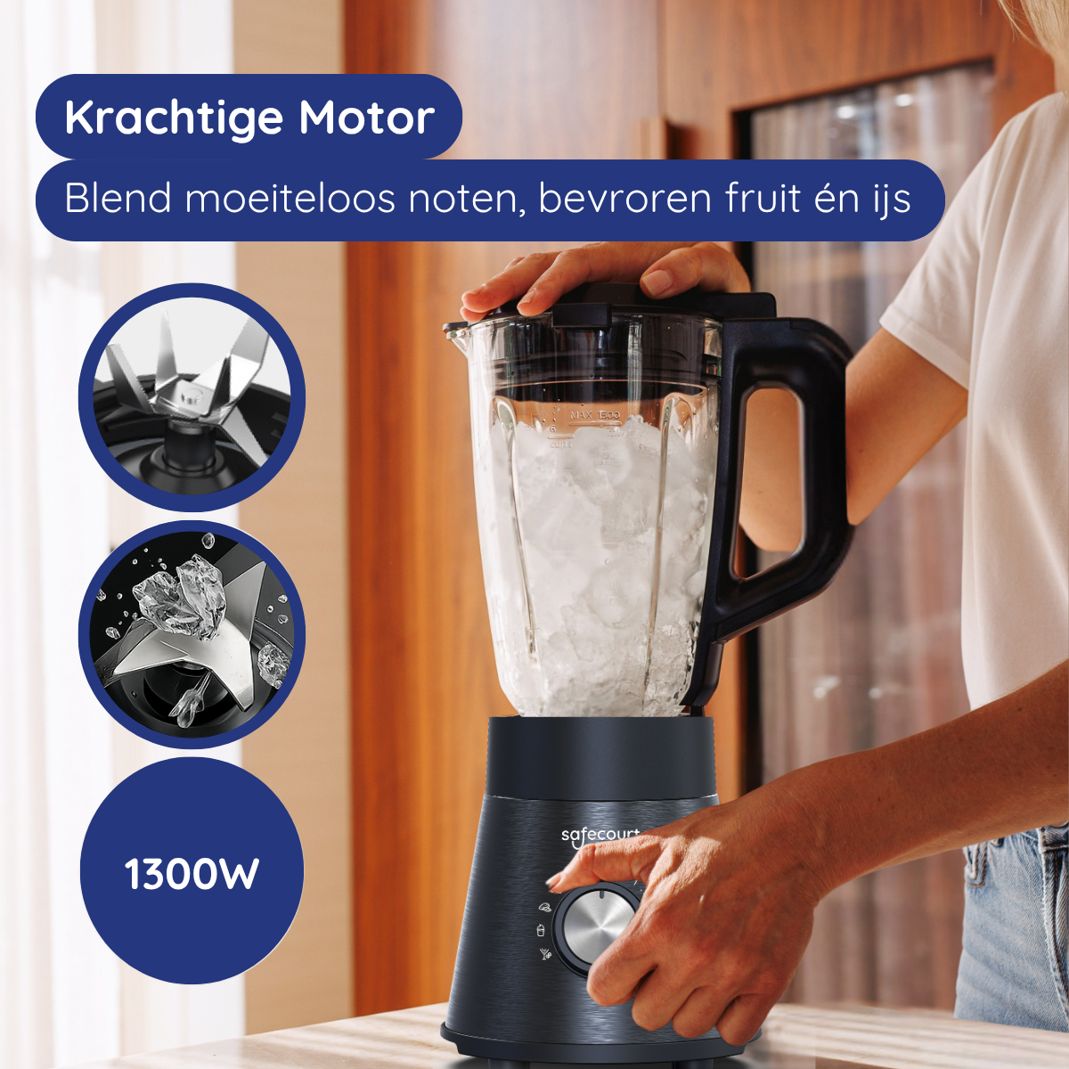 A blender with ice, and a woman operating it. Text says 'Powerful Motor'.