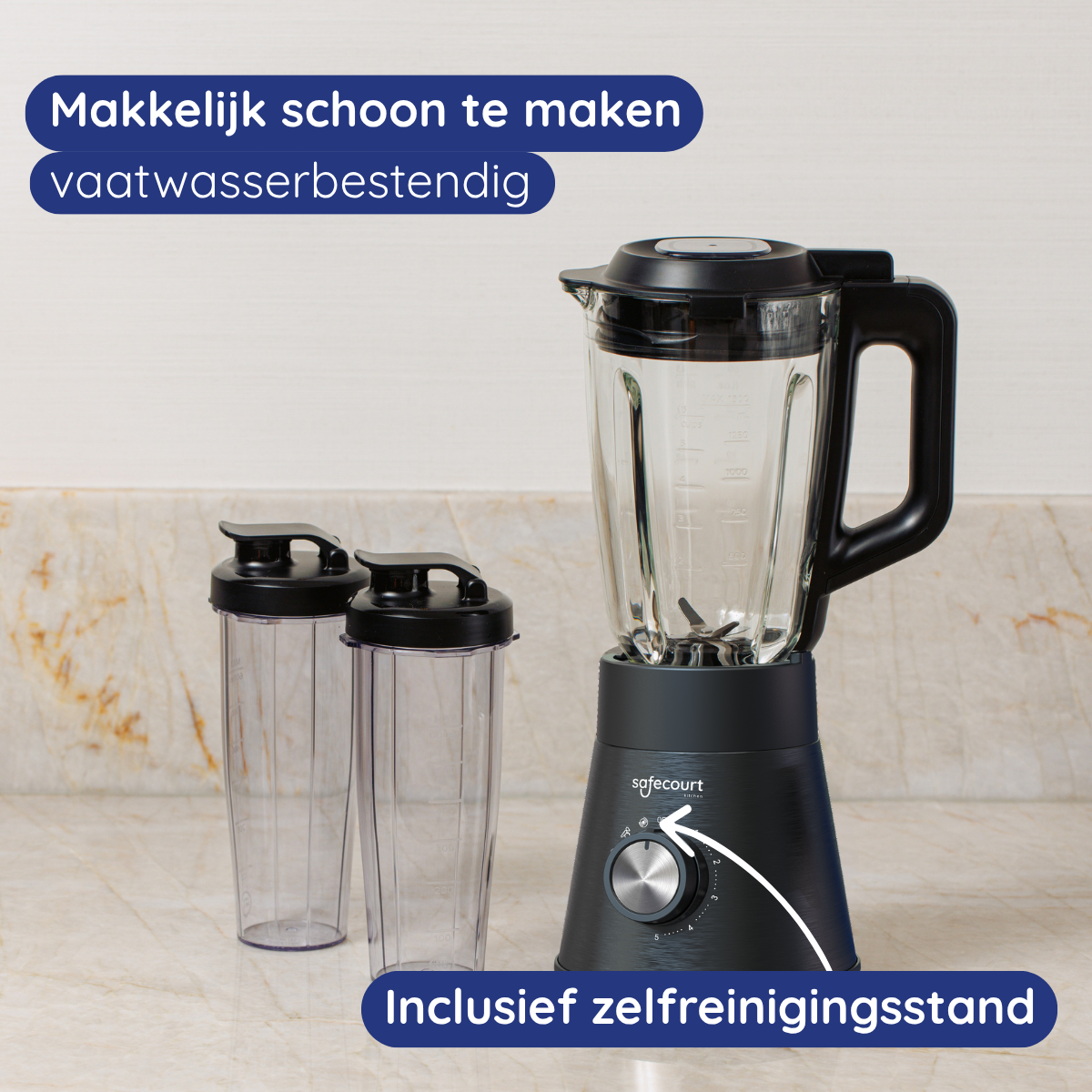 A black blender with two clear cups. Text says 'Easy to clean' and 'Self-cleaning stand'.