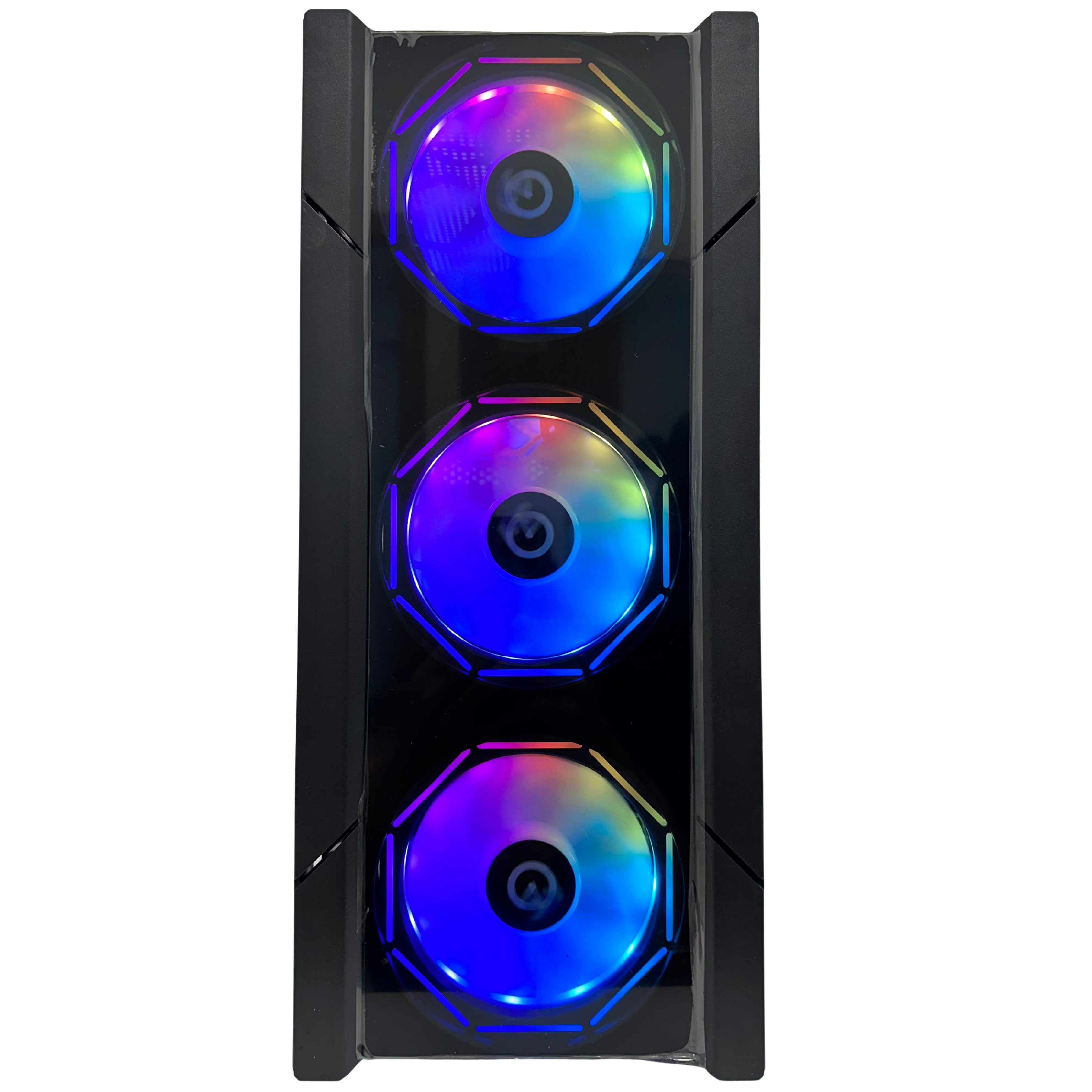 Primer plano de una caja de ordenador con tres ventiladores coloridos. Los ventiladores muestran varios colores.
