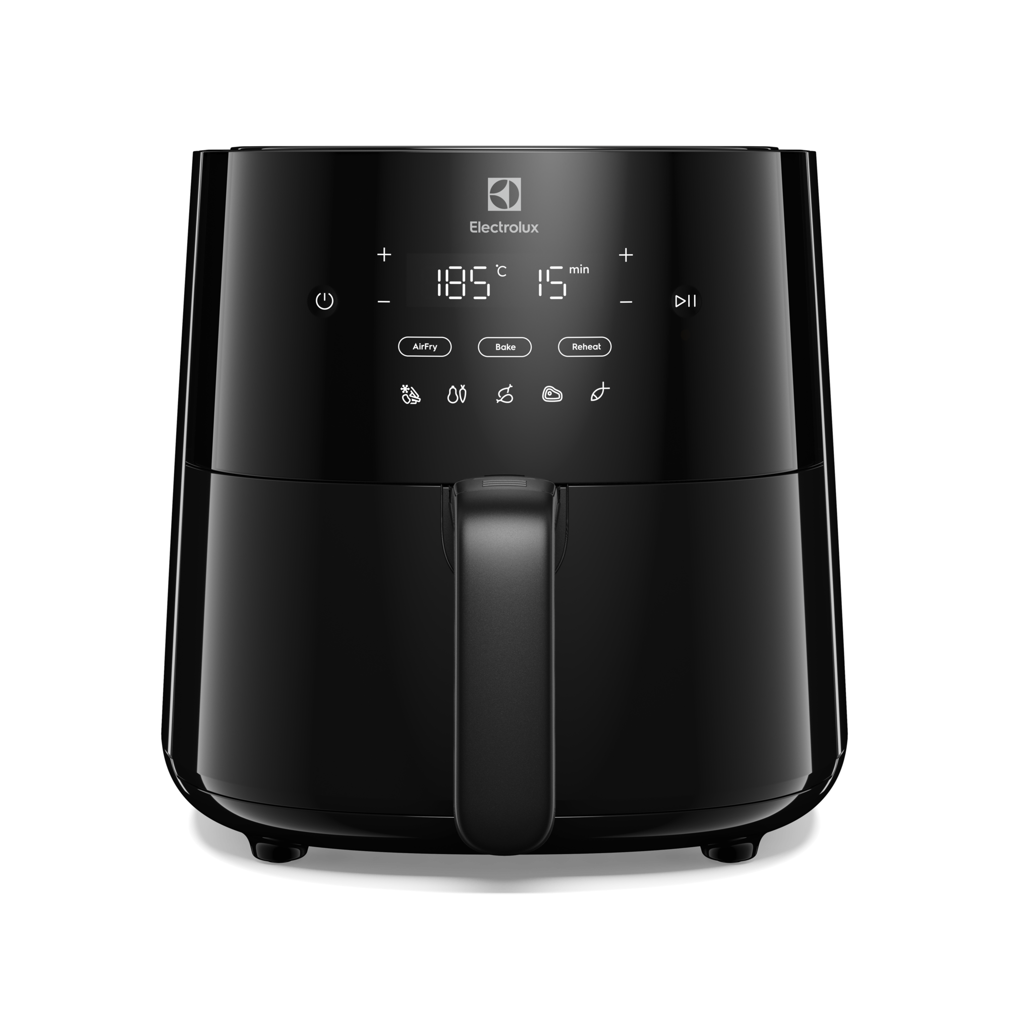 Czarna frytkownica powietrzna z uchwytem i cyfrowym wyświetlaczem z przyciskami.
