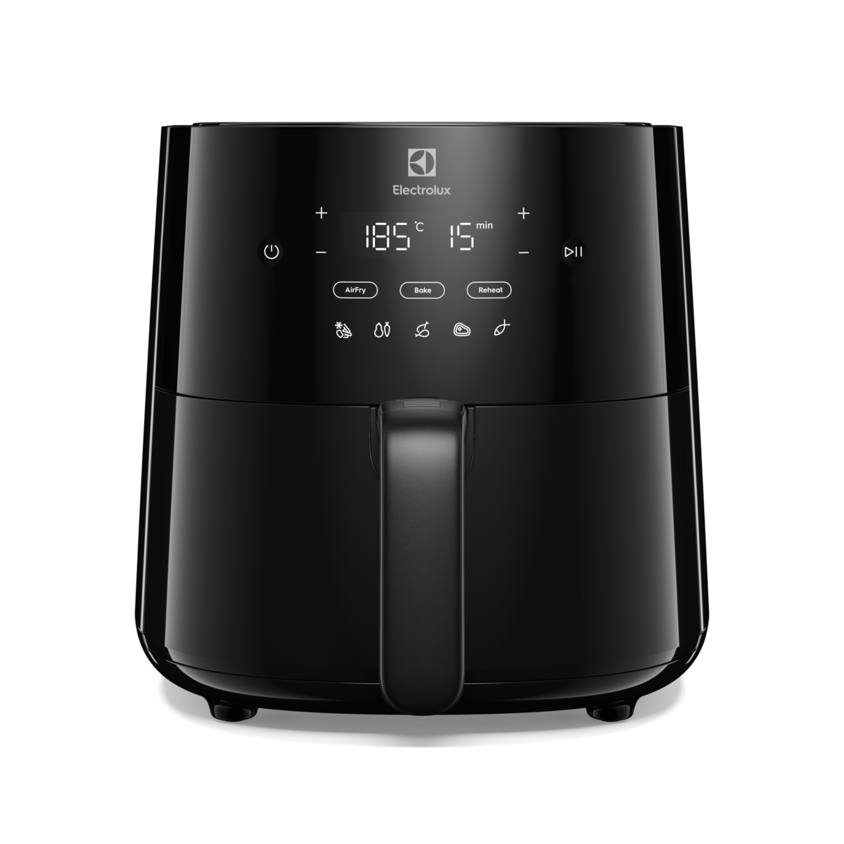 Czarna frytkownica beztłuszczowa z cyfrowym wyświetlaczem. Z przodu uchwyt i przyciski sterowania.