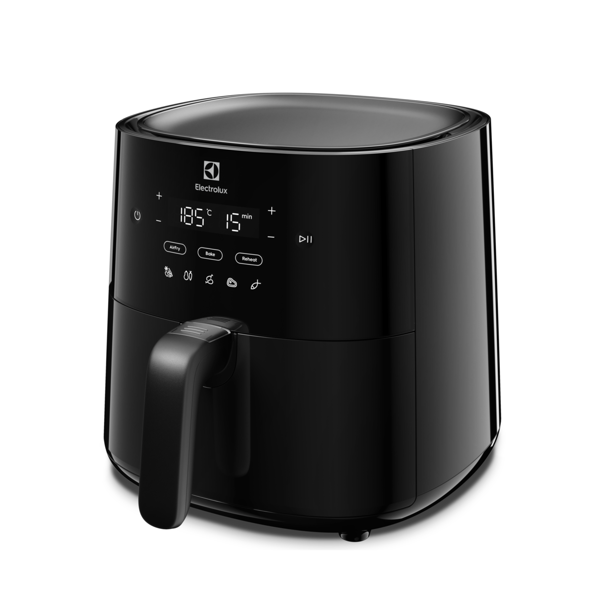 Czarna frytkownica beztłuszczowa z cyfrowym wyświetlaczem i panelem sterowania. Ma uchwyt i czarne tło.