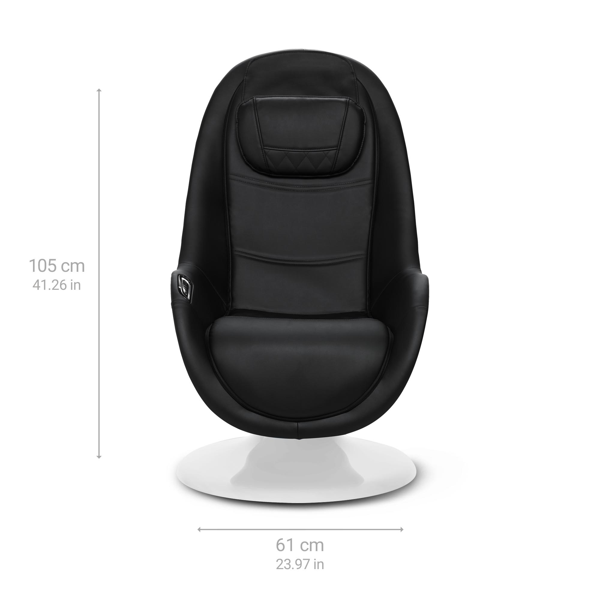 Een zwart-witte massagestoel met afmetingen aangegeven. De stoel heeft een witte basis.