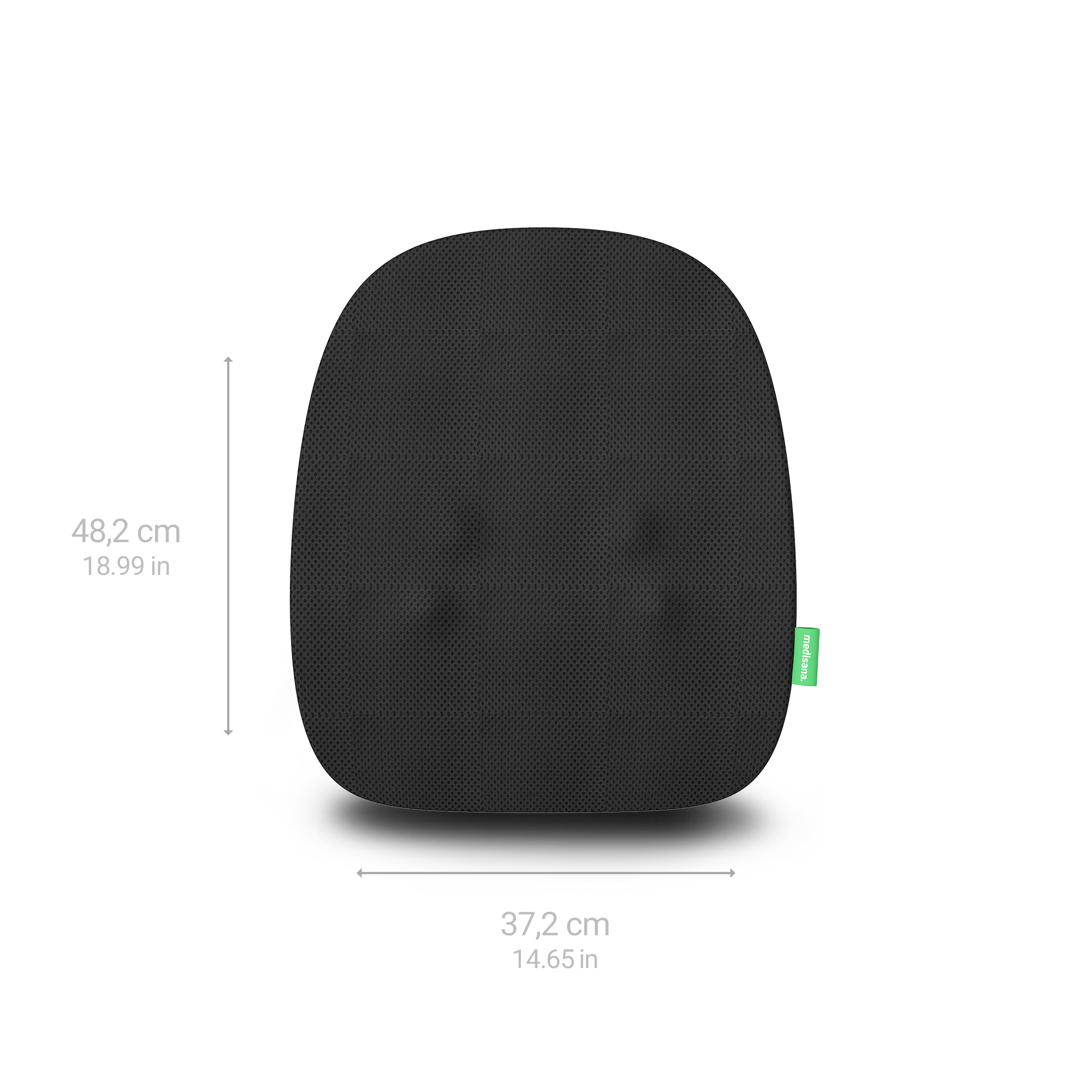 Czarne podparcie pleców z wymiarami: 48,2 cm, 18,99 cala. 37,2 cm, 14,65 cala. Zielone logo z boku.