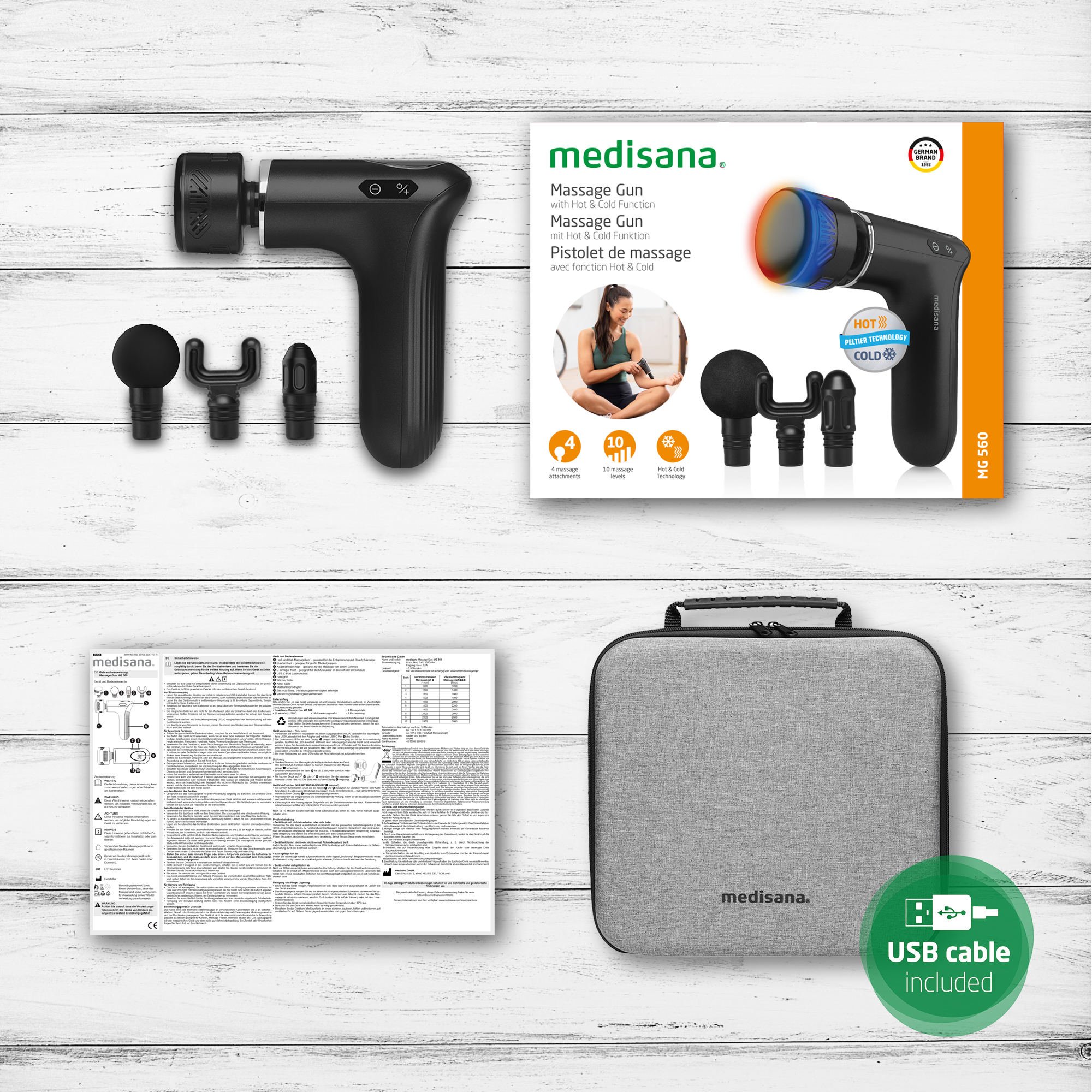 Caja con masajeador, accesorios e instrucciones, además de un cable USB incluido.