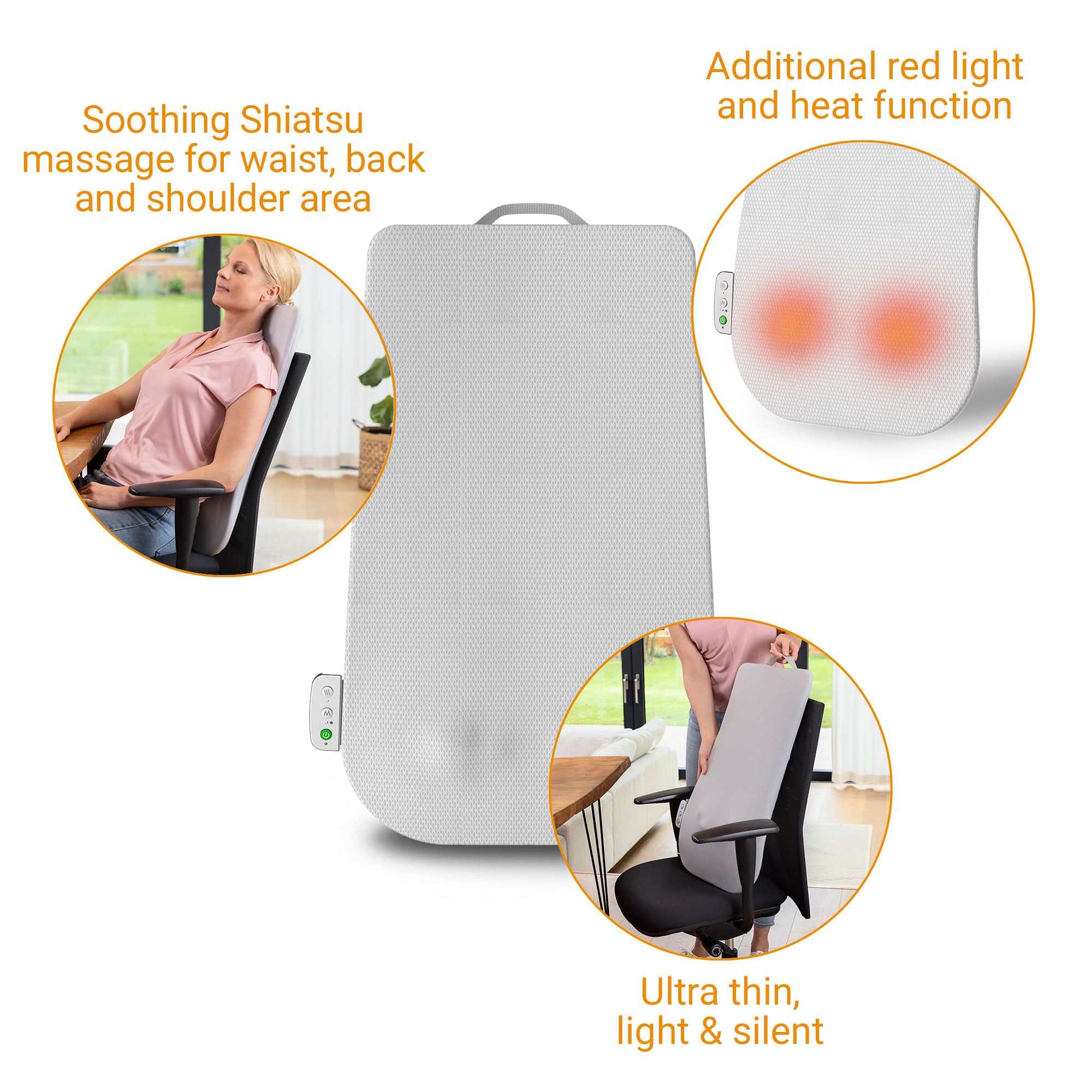 Schemat masażera pleców, pokazujący czerwone światło i kobietę używającą, z tekstem.