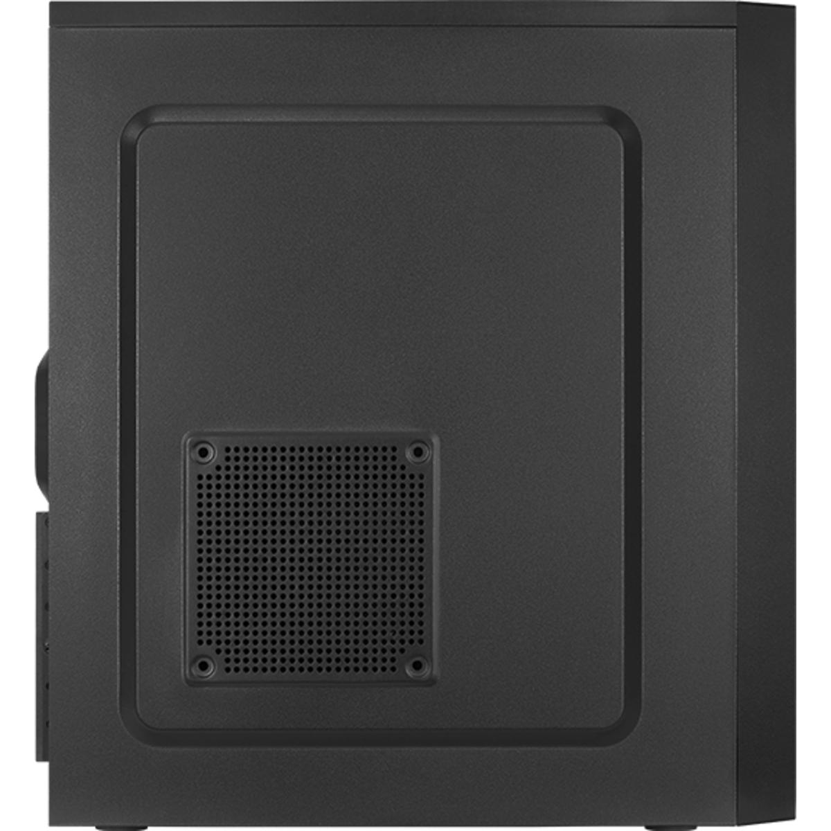 Schwarzes Computergehäuse Seitenansicht. Eine große Platte mit Lüfter und zwei Schraubenlöchern.