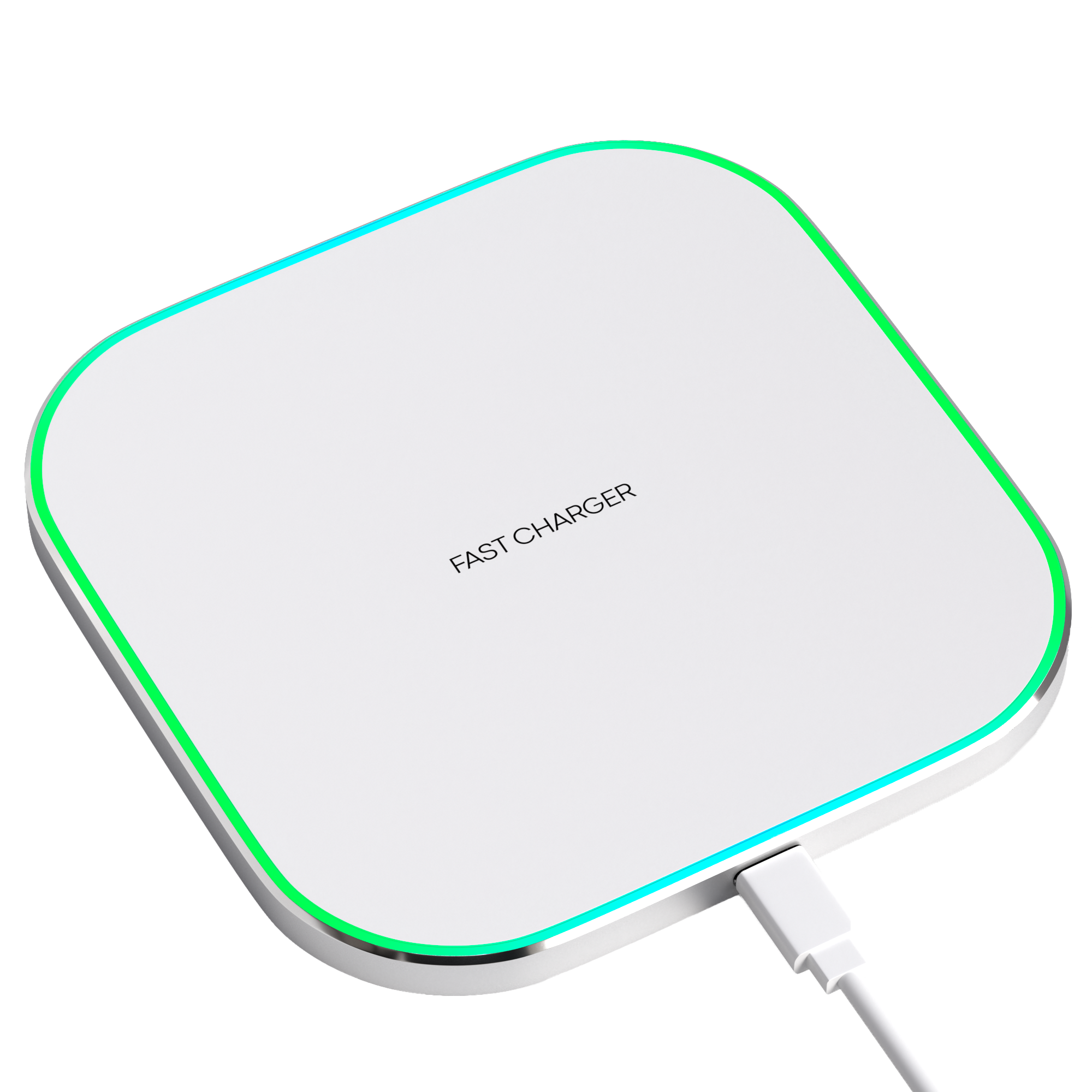 Een witte snelle draadloze oplader met een groene en blauwe rand. Een witte USB-kabel is aangesloten.