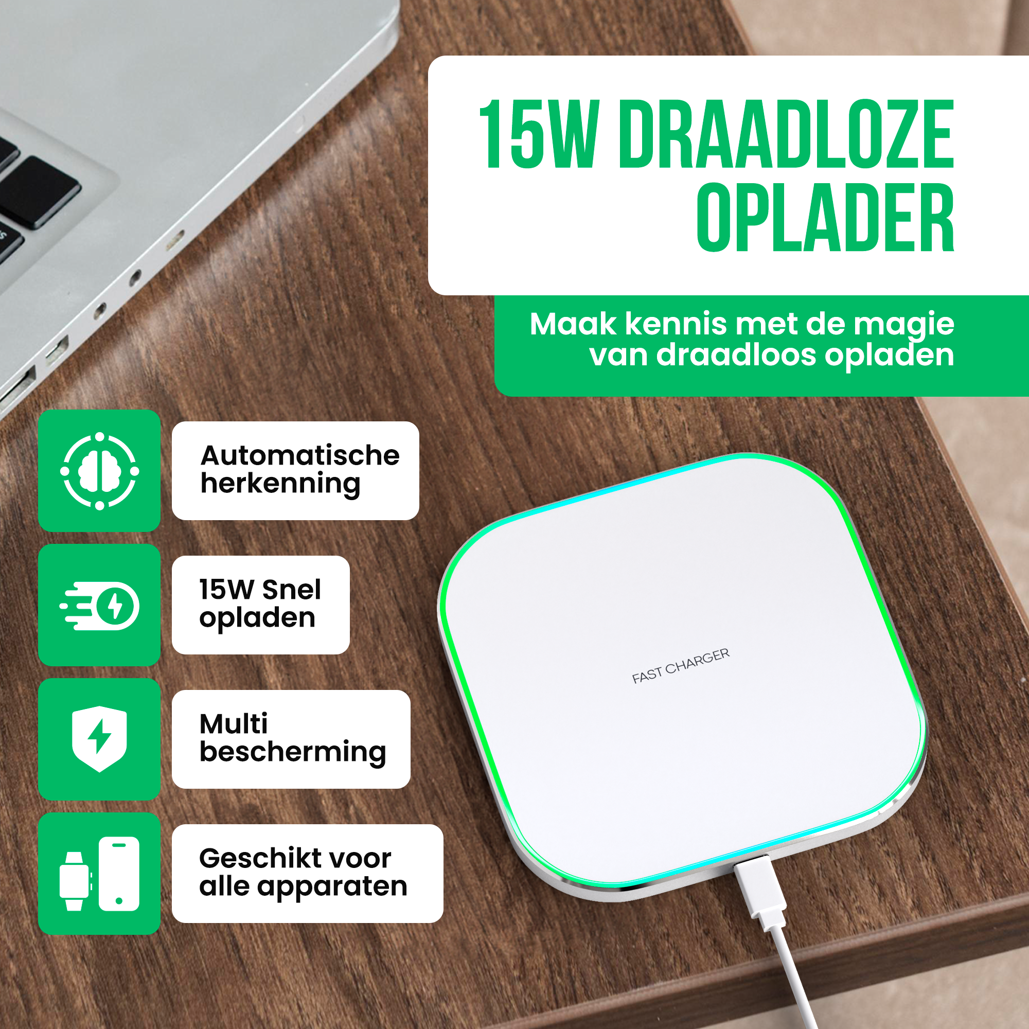 Witte draadloze oplader op houten oppervlak, met iconen en tekst over functies.