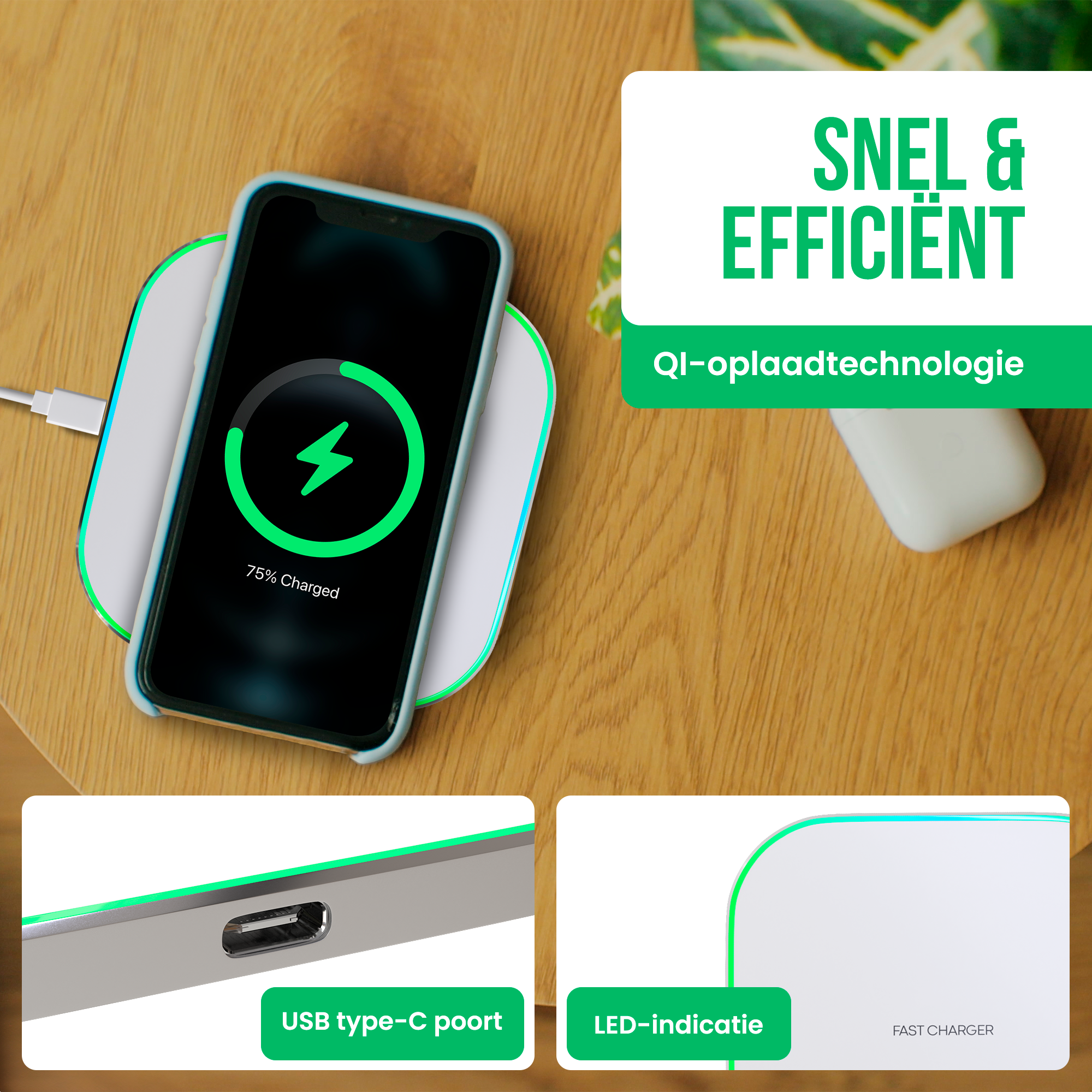 Een smartphone op een draadloze oplader toont 75% opgeladen. De oplader heeft een groene en blauwe rand.
