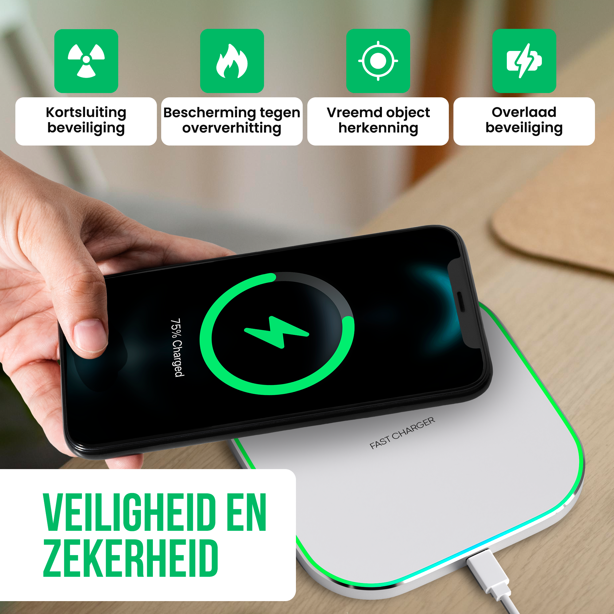 Een hand plaatst een smartphone op een draadloze oplader. De telefoon toont 75% opgeladen.