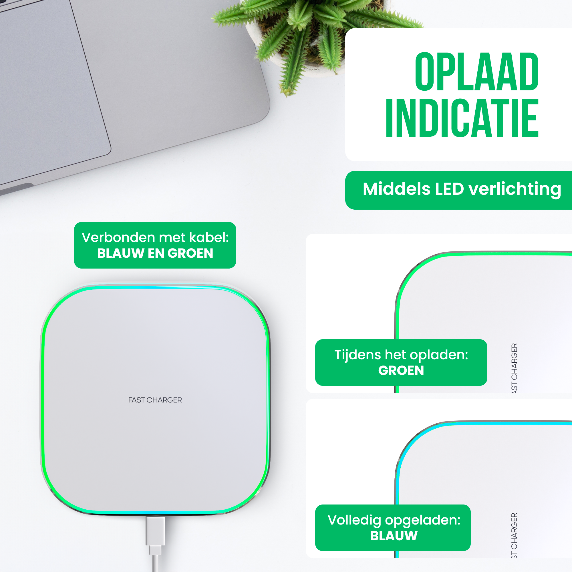 Een witte draadloze oplader met een groene en blauwe rand. Een kabel is aangesloten. De afbeelding heeft informatietekst.