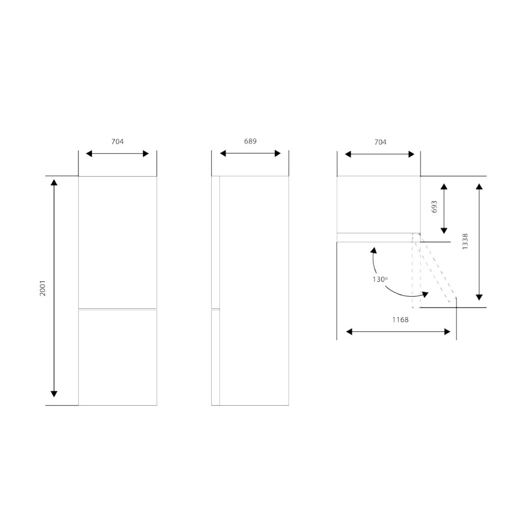 Un dibujo técnico muestra las dimensiones de un refrigerador desde diferentes ángulos sobre un fondo blanco.