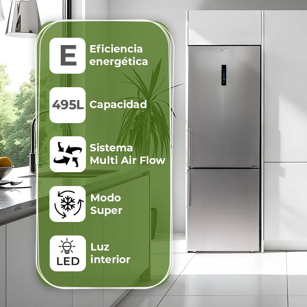 Se muestra un refrigerador plateado en un entorno de cocina con una superposición de iconos verdes y texto que resaltan sus características.