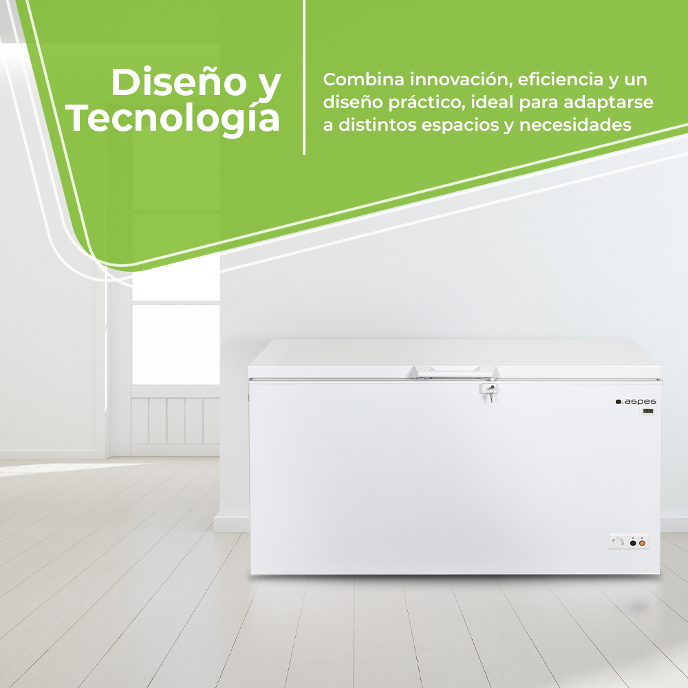 Se muestra un congelador horizontal blanco en una habitación luminosa con una superposición de texto que enfatiza el diseño y la tecnología.