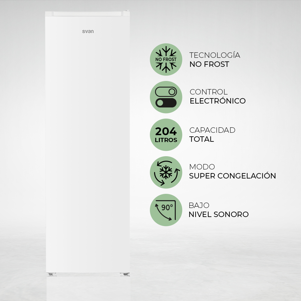 Refrigerador Svan blanco con iconos. Incluye No Frost, control electrónico, 204 litros, súper congelación y bajo ruido.