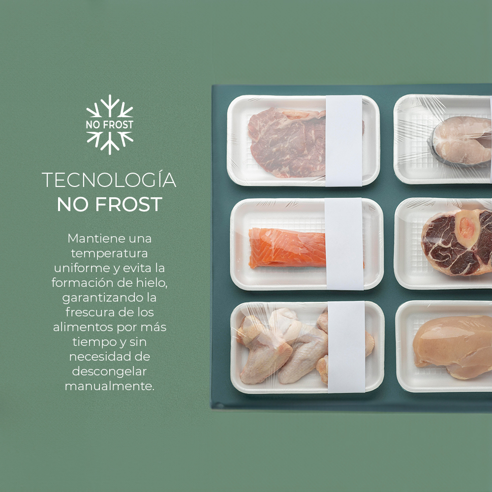 Bandejas de alimentos con carnes. Texto: Tecnología No Frost. Texto: Mantiene temperatura uniforme y evita formación de hielo.