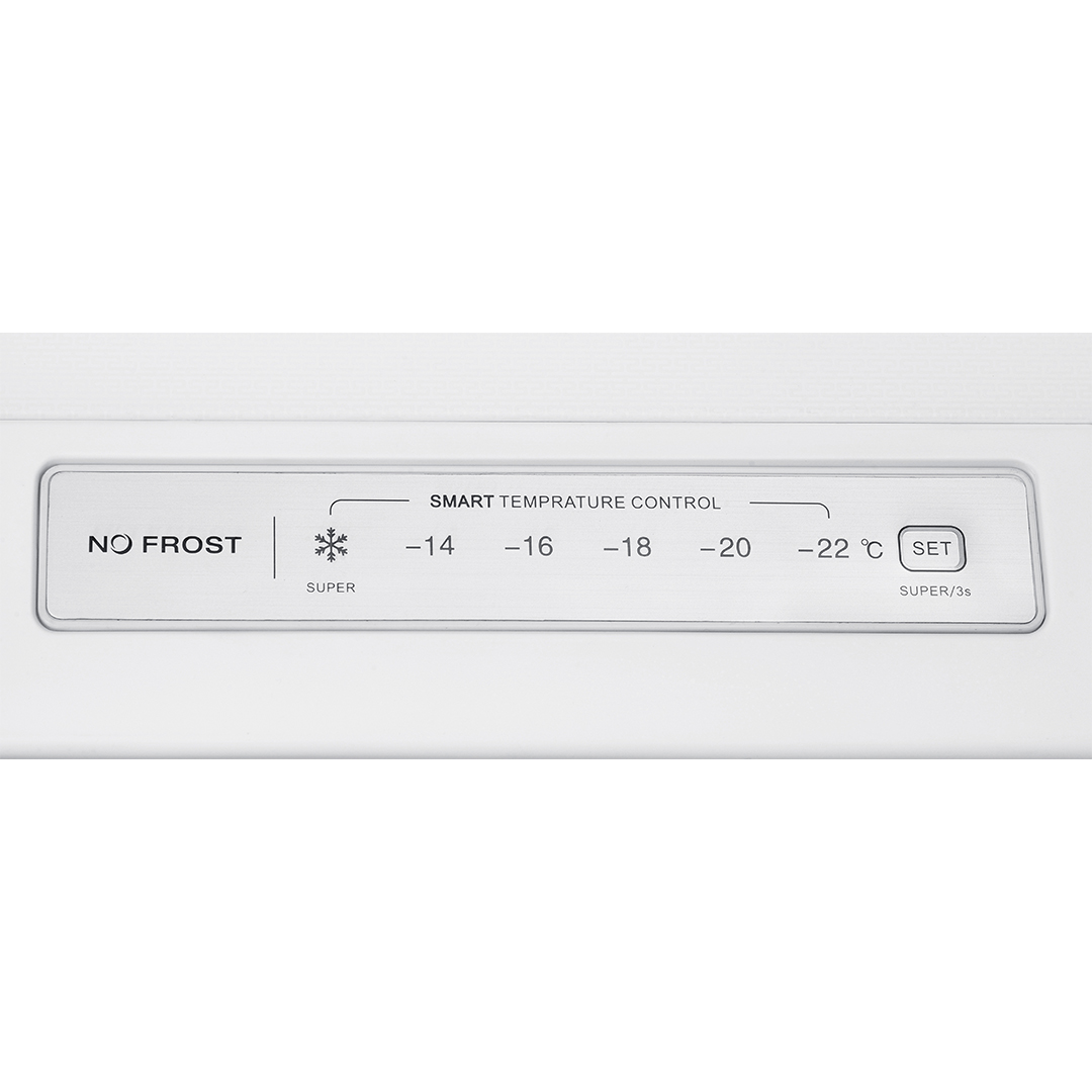 Primer plano de panel blanco con controles de temperatura para congelador No Frost. Incluye ajustes de temperatura y botón set.