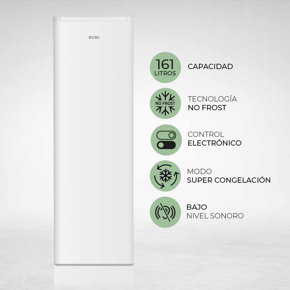 Congelador blanco con funciones a la derecha: capacidad, no frost, y control electrónico.
