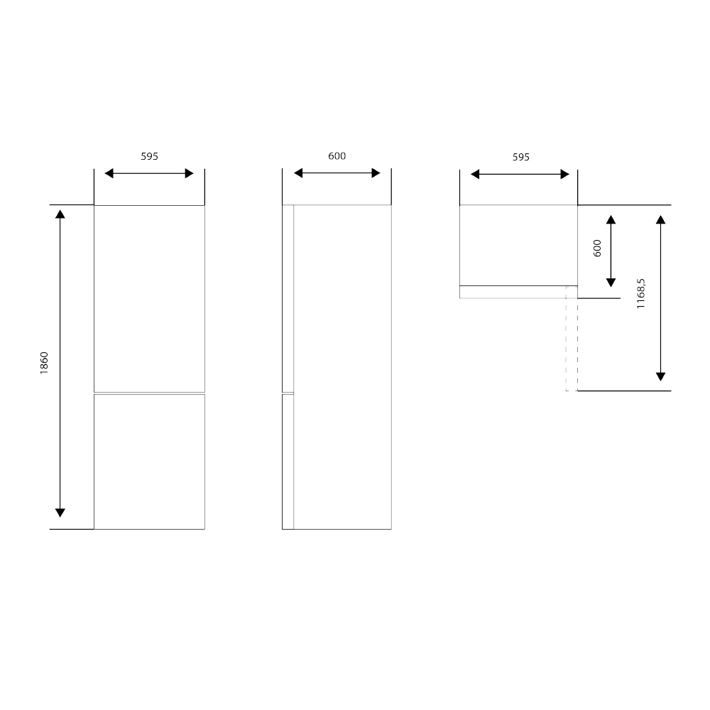 Dibujos técnicos de un frigorífico: vistas frontal y lateral con medidas en milímetros.