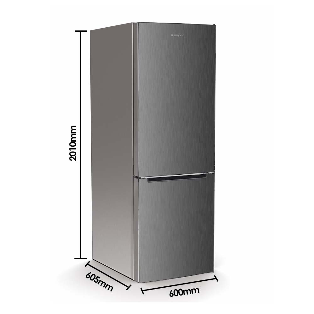 Un refrigerador de acero inoxidable con dimensiones etiquetadas. Tiene un diseño de dos puertas y el logo de Aspes.