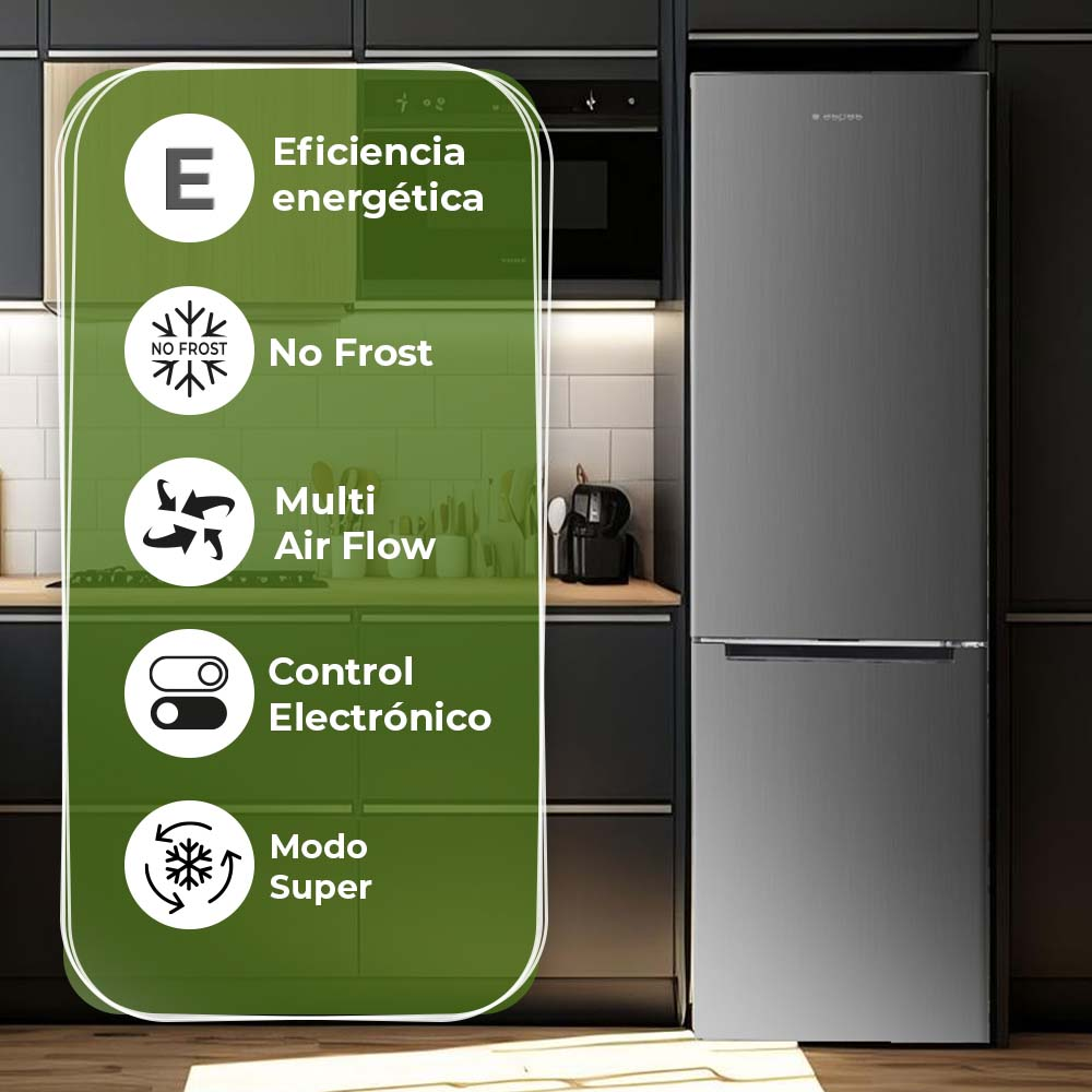 Un refrigerador gris con un gráfico de iconos y texto. Muestra eficiencia, sin escarcha, flujo de aire y modo súper.