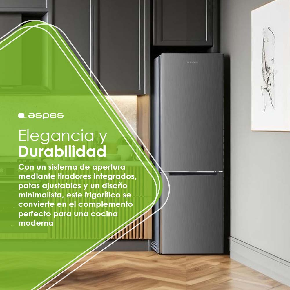 Un refrigerador en un entorno de cocina moderna, con texto sobre elegancia y durabilidad, y el logo de Aspes.