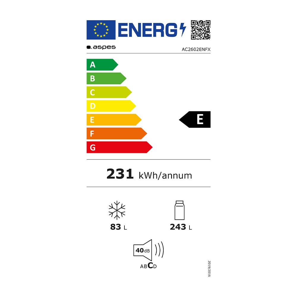 Una etiqueta energética que muestra una clasificación E, con detalles sobre el consumo de energía y otros detalles del refrigerador.