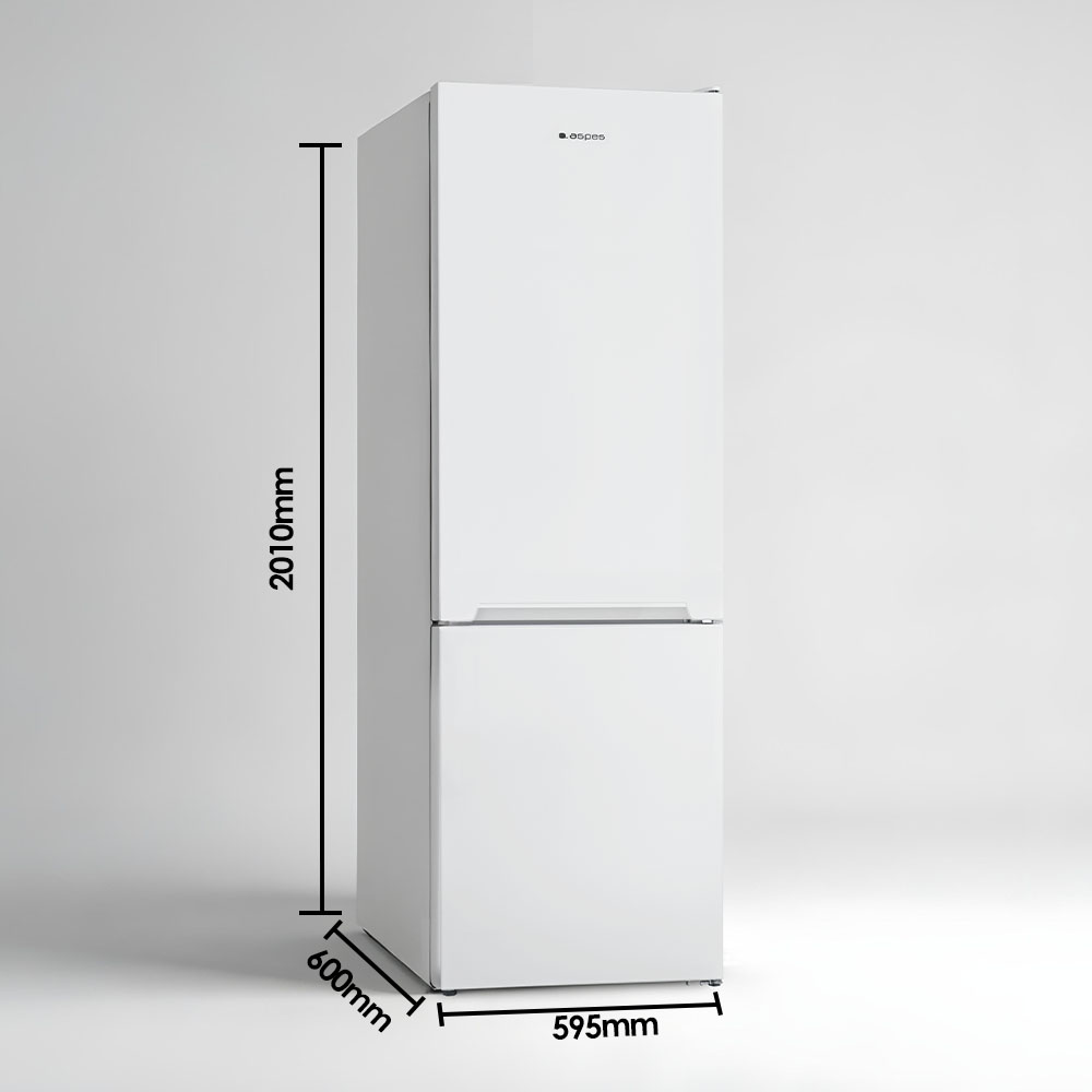 Un refrigerador blanco con dimensiones etiquetadas. Tiene un diseño de dos puertas y el logo de Aspes en la parte superior.