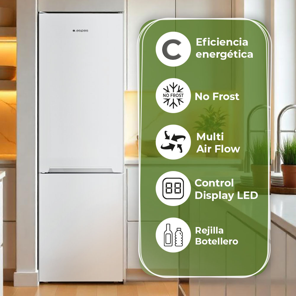 Frigorífico blanco con iconos de eficiencia energética, No Frost y flujo de aire múltiple. Fondo de cocina.