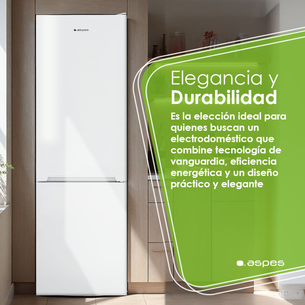 Un refrigerador blanco en un entorno de cocina moderna, con texto sobre elegancia y durabilidad, y el logo de Aspes.