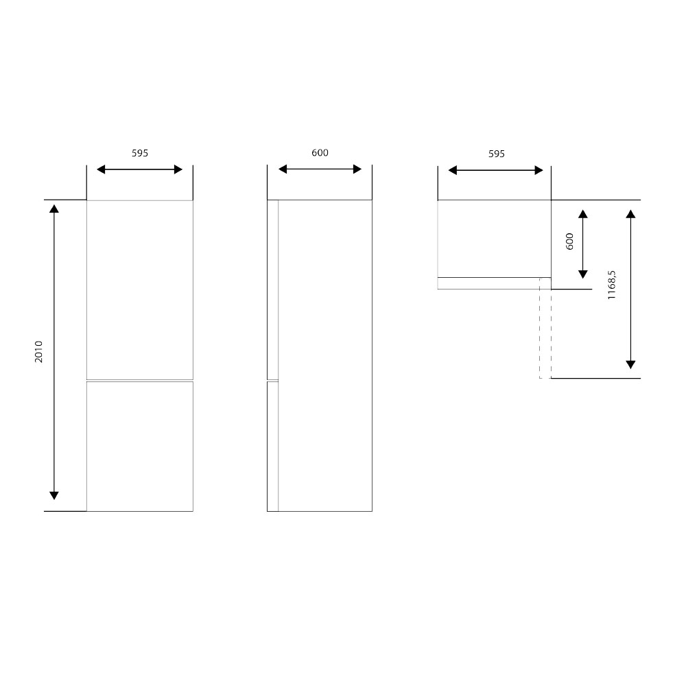 Dibujo técnico de un frigorífico, que muestra las dimensiones en milímetros.