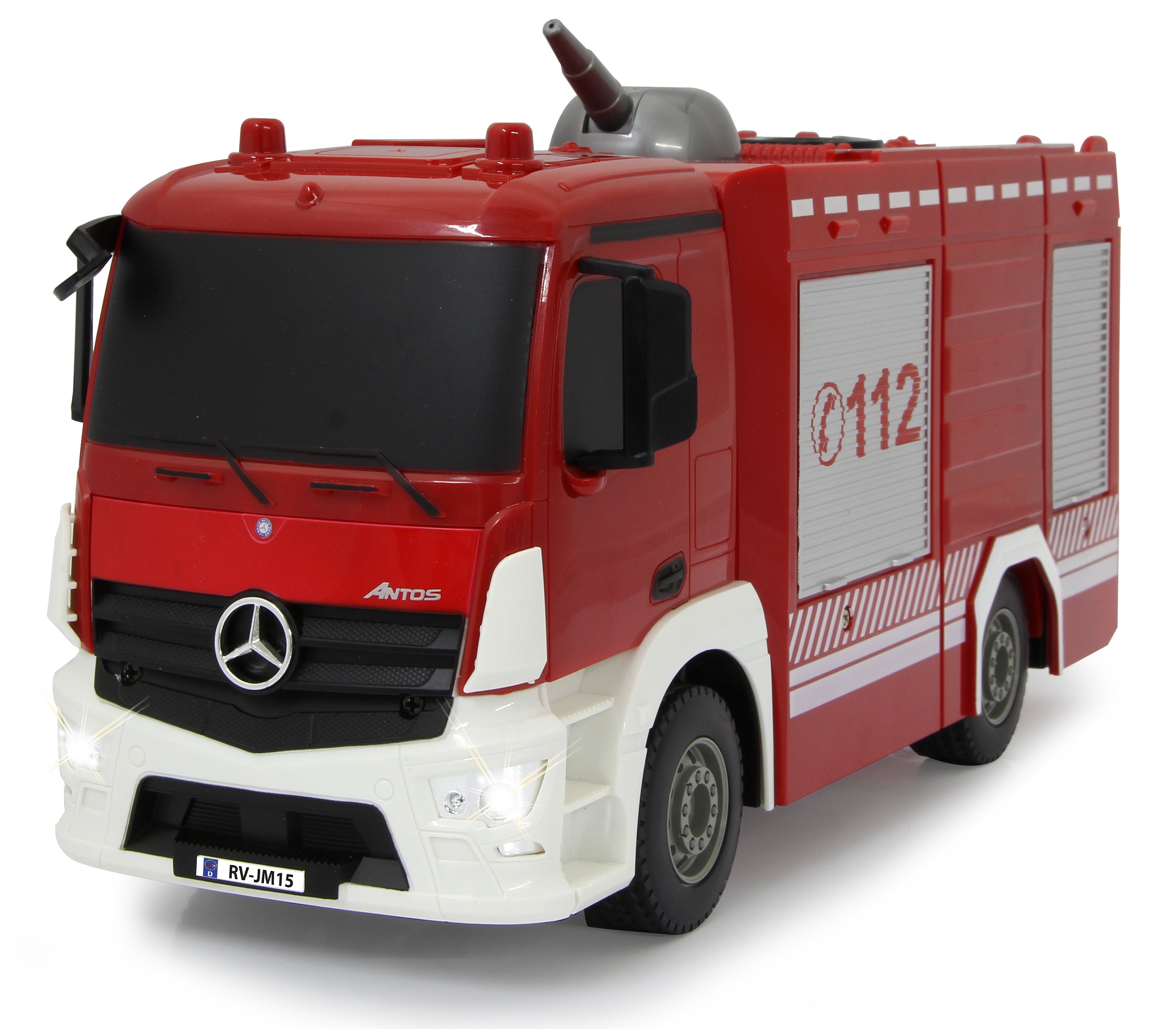 Ein roter Spielzeug-Feuerwehrwagen mit weißen und schwarzen Details. Der Truck hat die Nummer 112 und ein Logo an der Seite.
