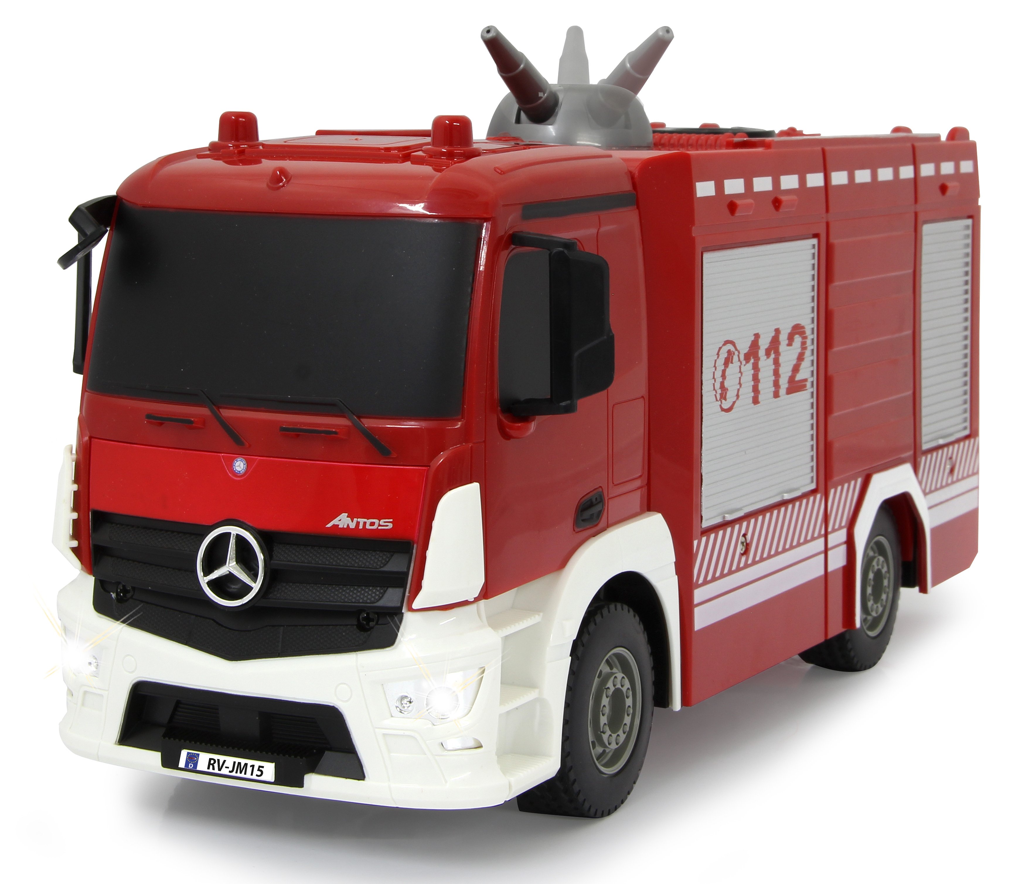 Ein roter und weißer Spielzeug-Feuerwehrwagen mit einer Wasserkanone oben. Der Truck hat die Nummer 112 an der Seite.