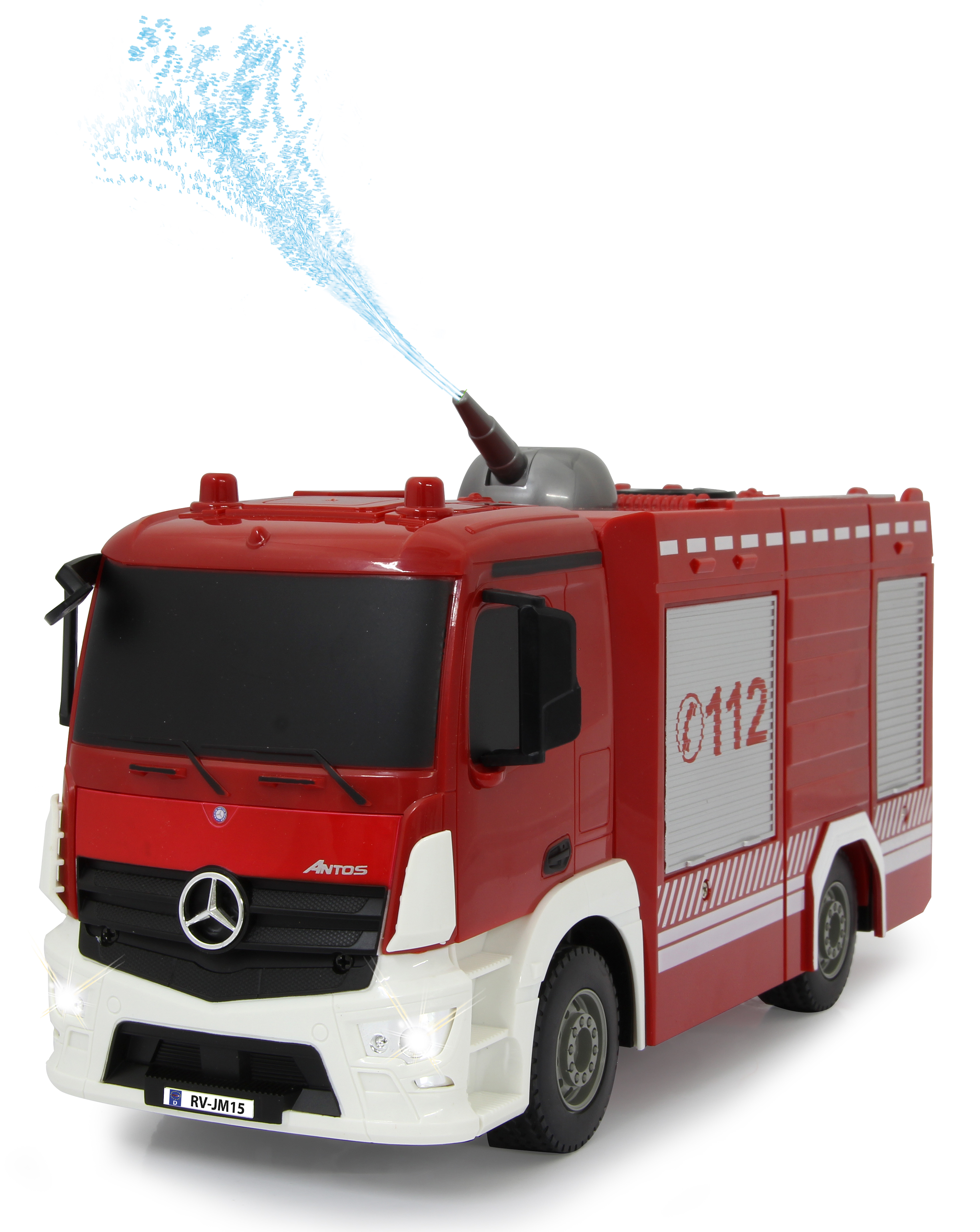 Ein roter Spielzeug-Feuerwehrwagen, der Wasser aus seiner Kanone sprüht. Der Truck hat die Nummer 112 und ein Logo an der Seite.