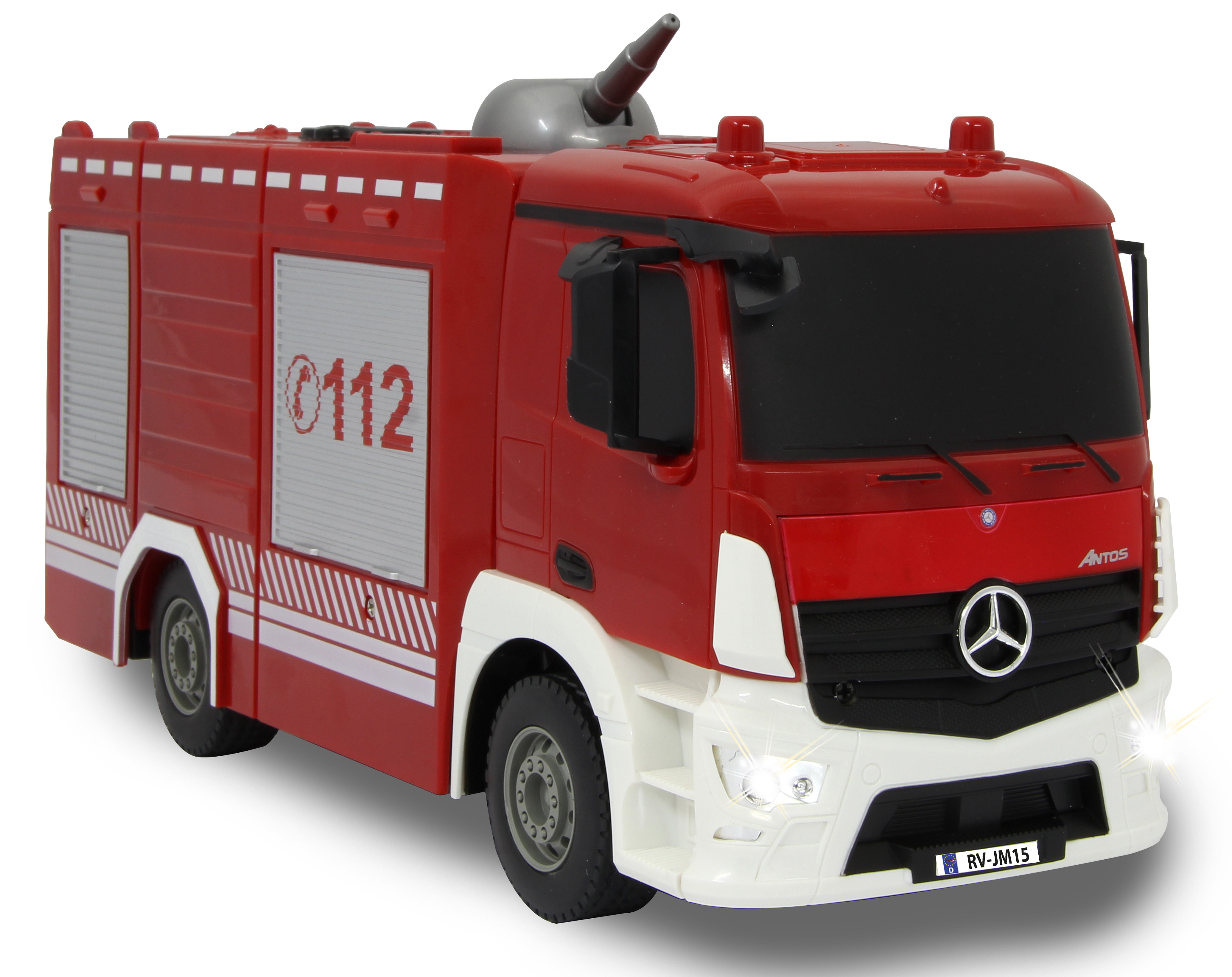 Roter und weißer Spielzeug-Feuerwehrwagen mit Leiter. Der Wagen hat ein 0112-Zeichen.