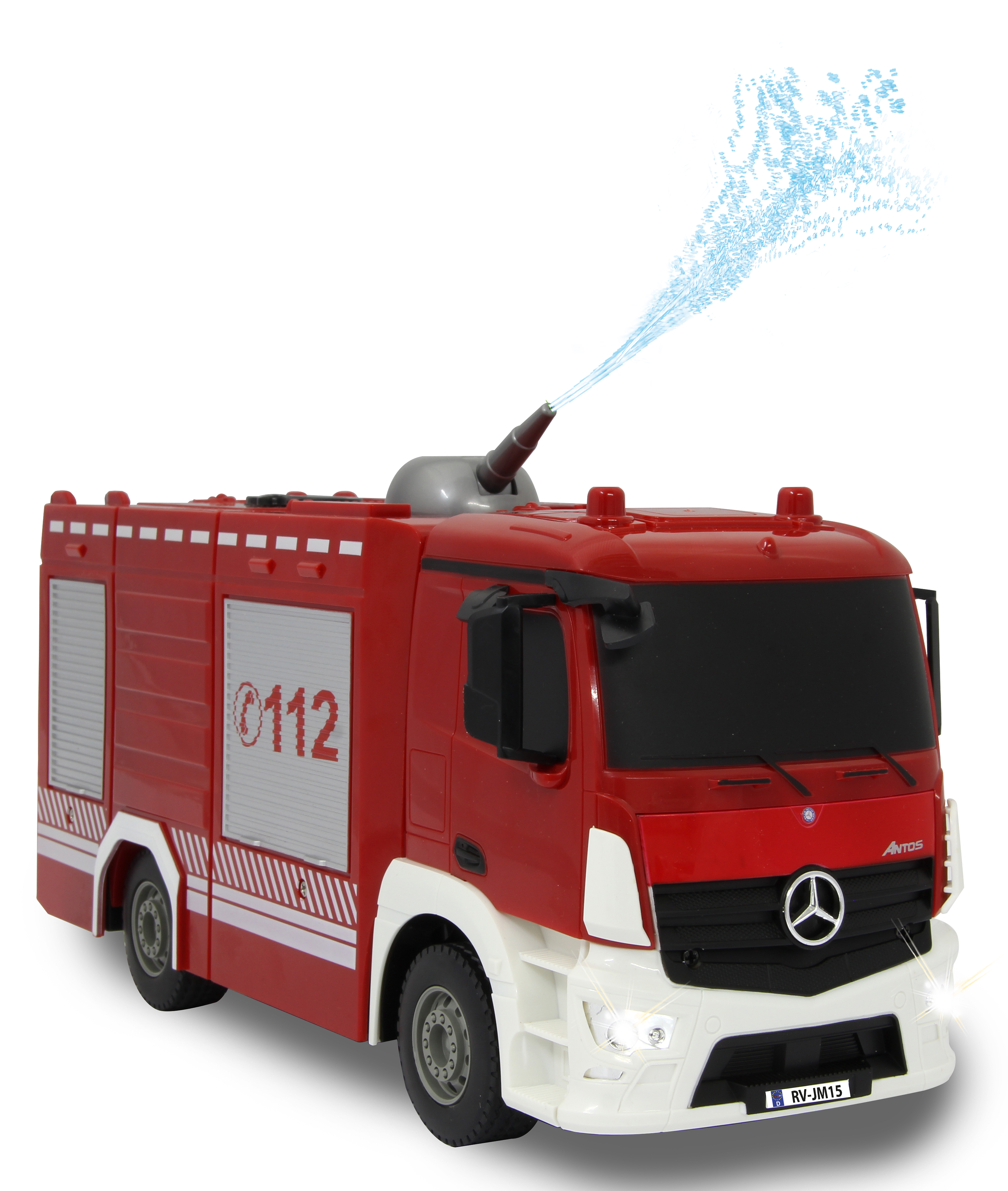 Ein roter Spielzeug-Feuerwehrwagen, der Wasser aus seiner Kanone sprüht. Der Truck hat die Nummer 112 und das Logo an der Seite.