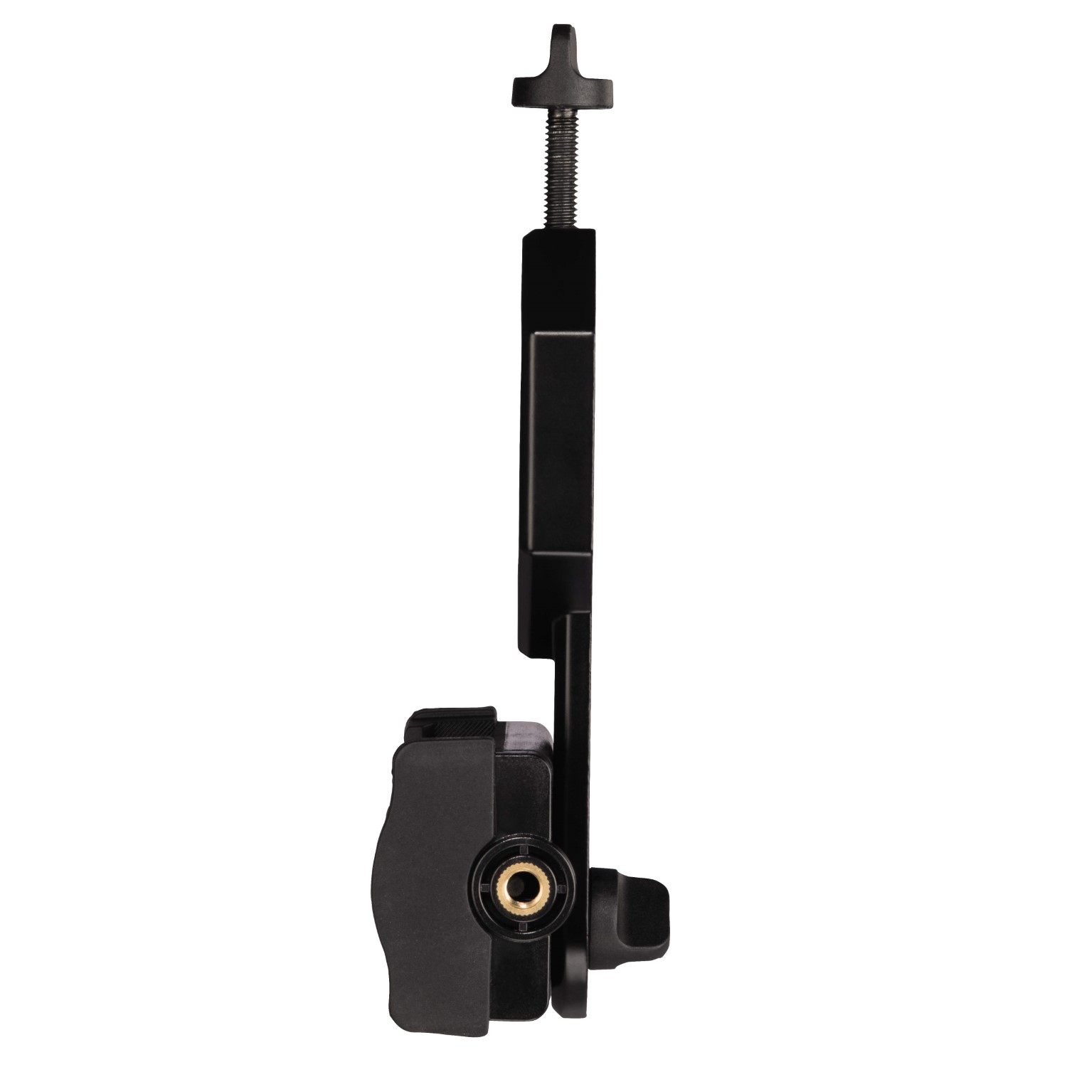 Ein schwarzer Smartphone-Adapter. Er hat eine Schraube und ist für die Befestigung an einem anderen Gerät konzipiert.