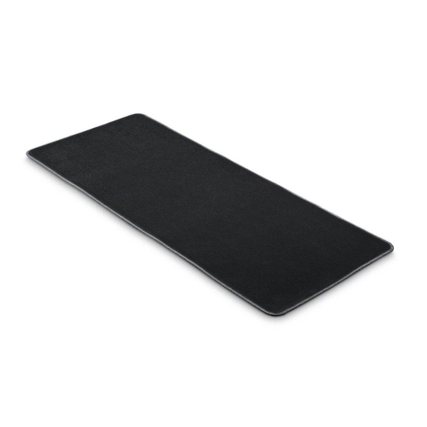 Schwarzes Mousepad mit grauem Rand, flach auf weißer Oberfläche, einfach und rechteckig.