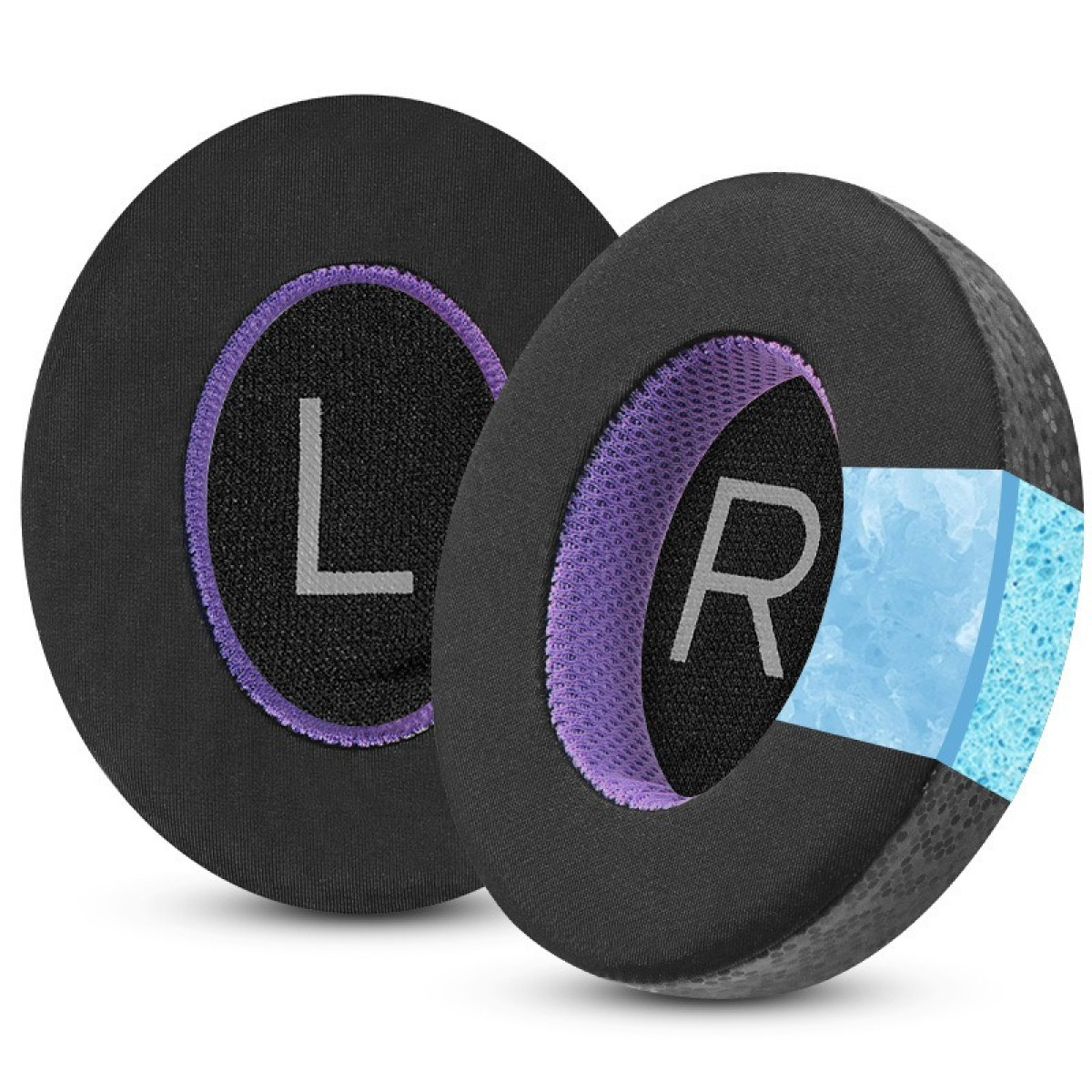 Due cuscinetti auricolari neri, uno con 'L' e l'altro con 'R' in bianco. Schiuma blu visibile.