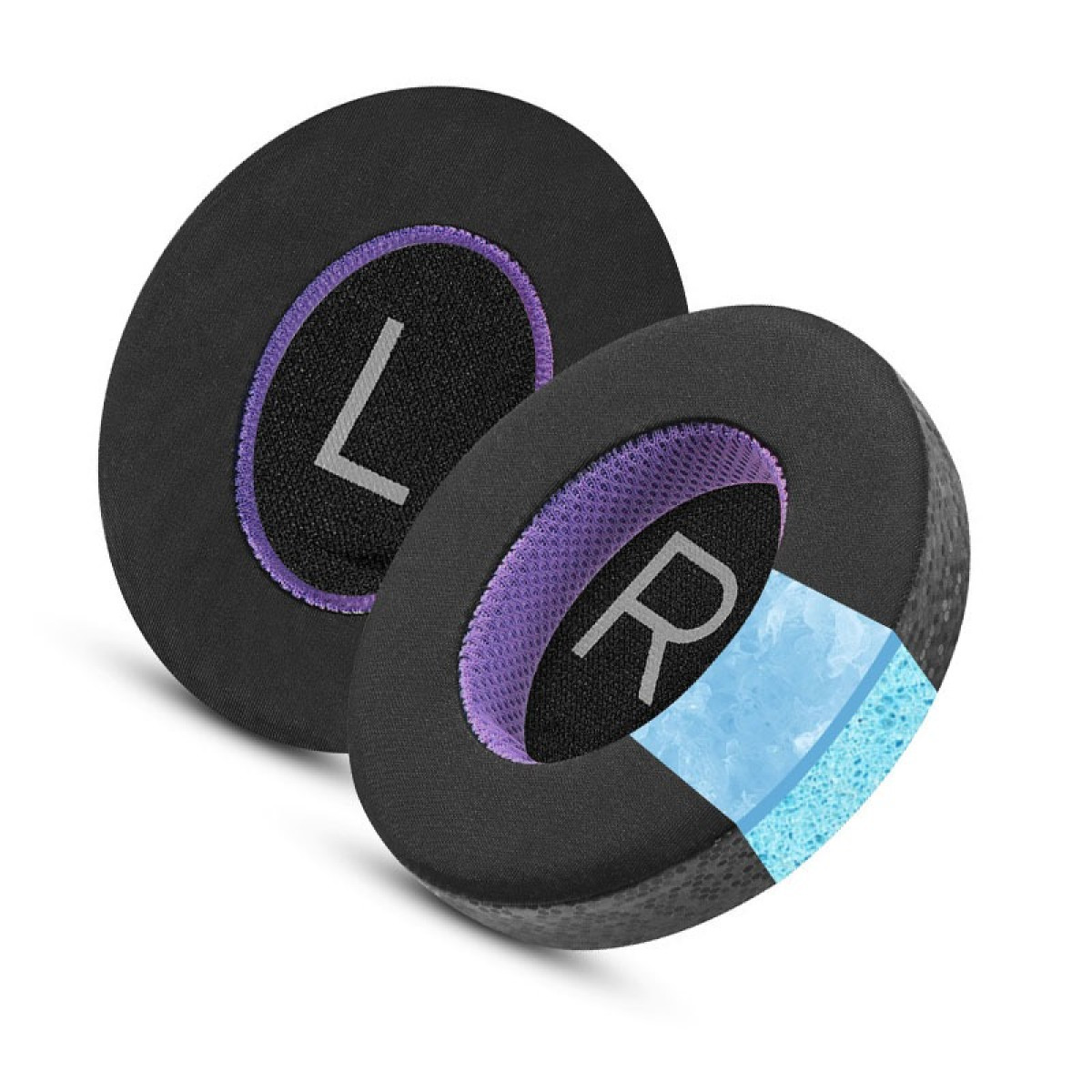 Due cuscinetti auricolari neri, uno con 'L' e l'altro con 'R' in bianco. Schiuma blu visibile.