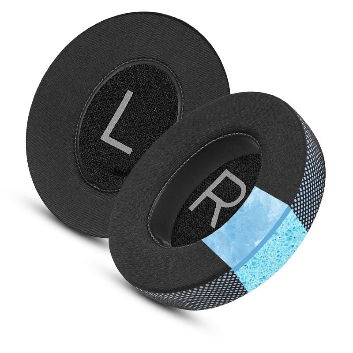 Due cuscinetti auricolari neri per cuffie etichettati con 'L' e 'R', con un dettaglio in spugna blu su uno.